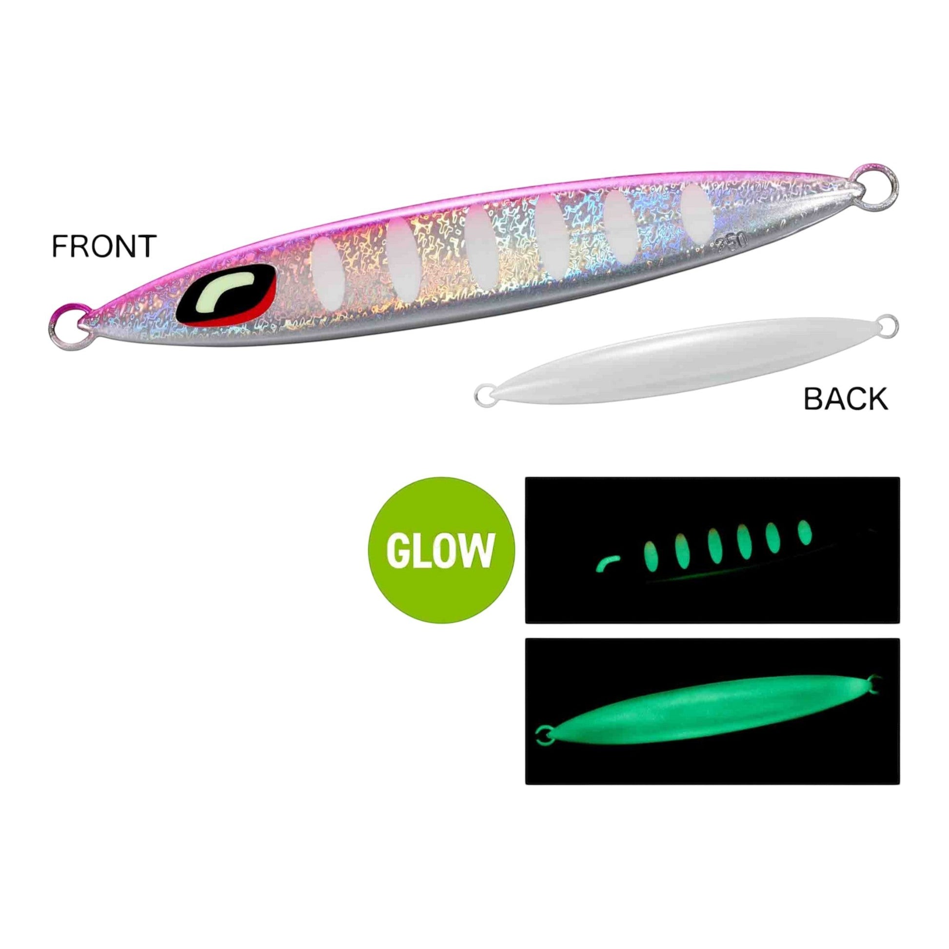 Dogfish Tackle & Marine Shimano Ocea Sardine Waver 180g slow pitch jig in Pink Silver Glow with scale boost finish