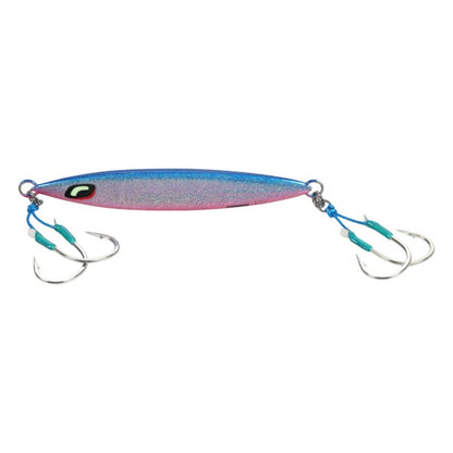Dogfish Tackle & Marine Shimano Ocea Sardine Waver 250g slow pitch jig in blue and pink with dual assist hooks.