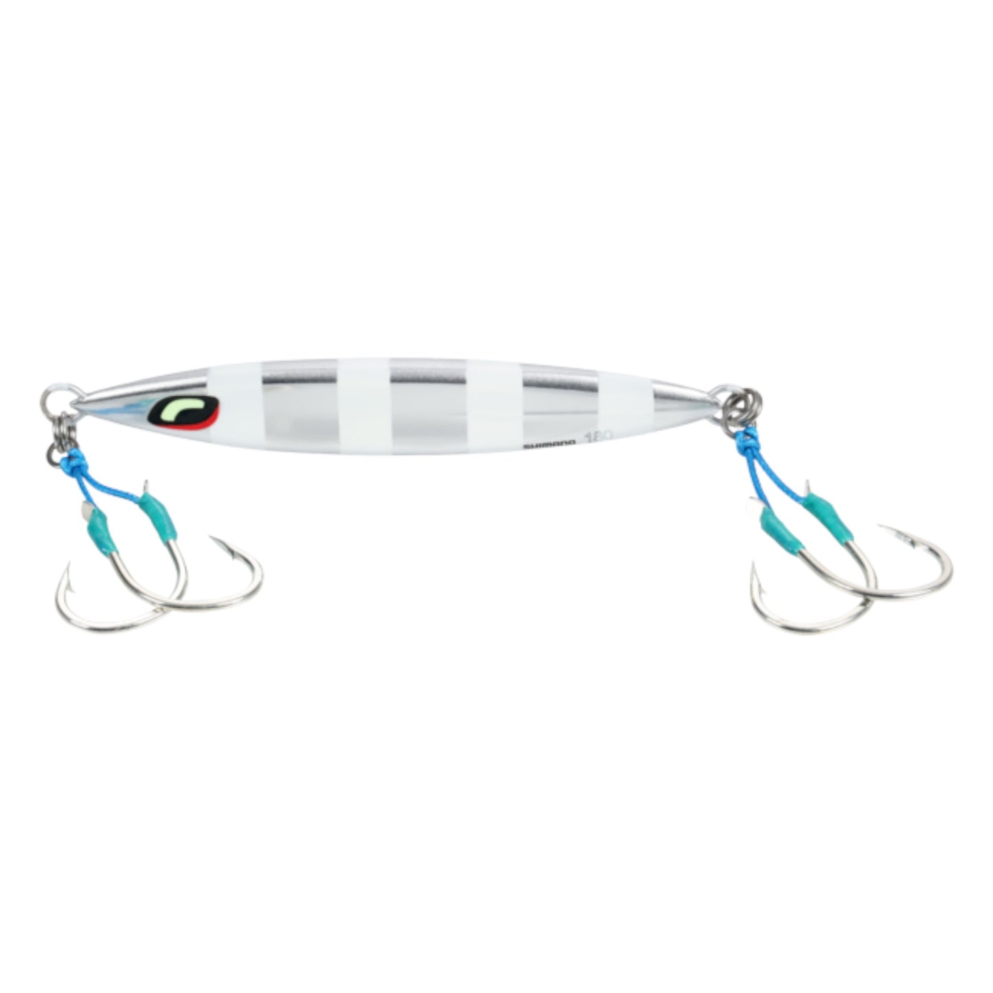 Dogfish Tackle & Marine Shimano Ocea Sardine Waver 180g slow pitch jig in silver with white stripes and dual hooks.