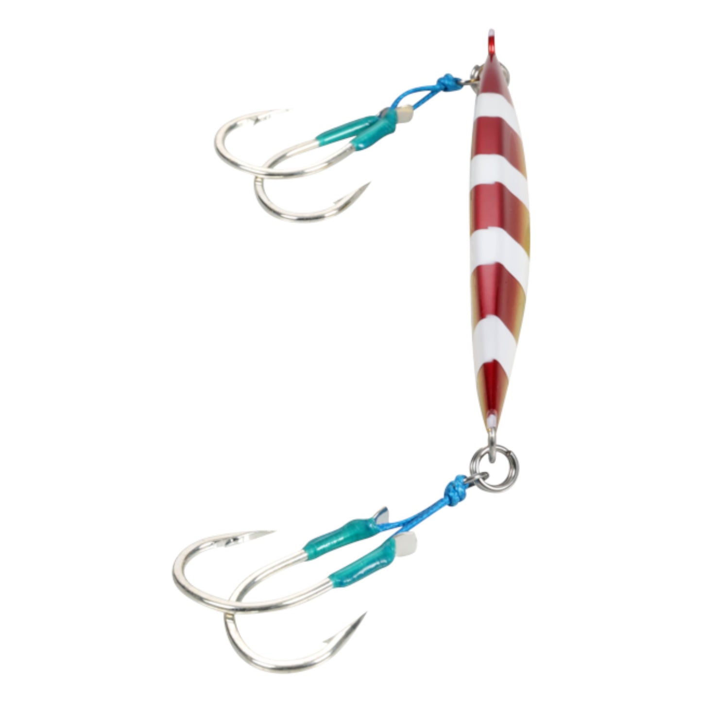 Dogfish Tackle & Marine Shimano Ocea Sardine Waver 180g slow pitch jig in red and white zebra pattern with assist hooks