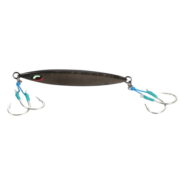 Dogfish Tackle & Marine Shimano Ocea Sardine Waver 250g slow pitch jig in dark finish with dual assist hooks.