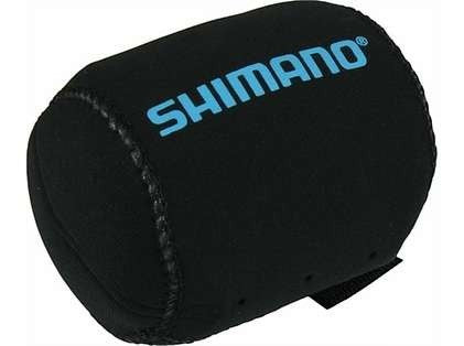 Dogfish Tackle & Marine black neoprene reel cover with blue Shimano logo, designed for rod-mounted or off-rod use.