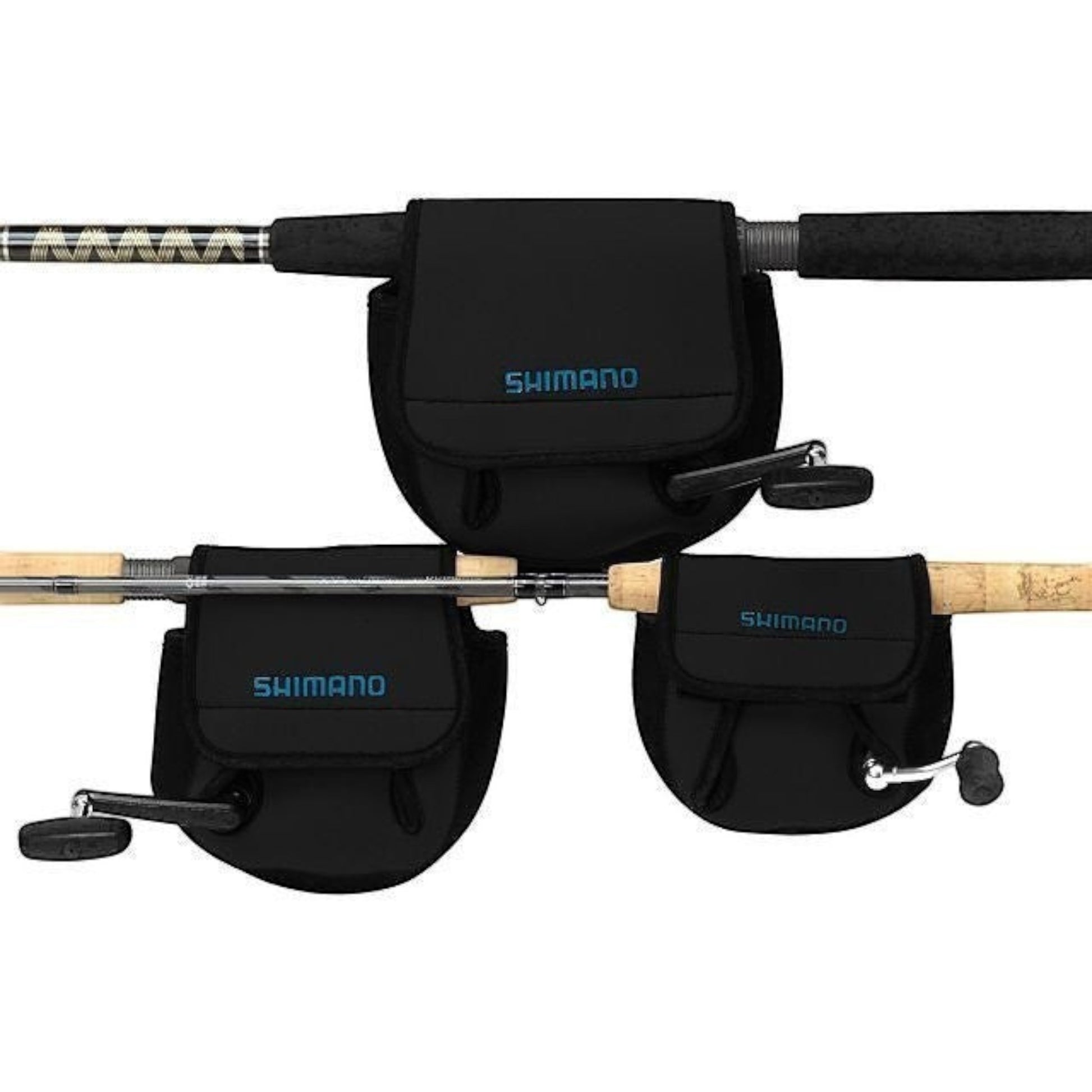 Dogfish Tackle & Marine black neoprene spinning reel covers with Shimano logo, designed for rod-mounted protection.