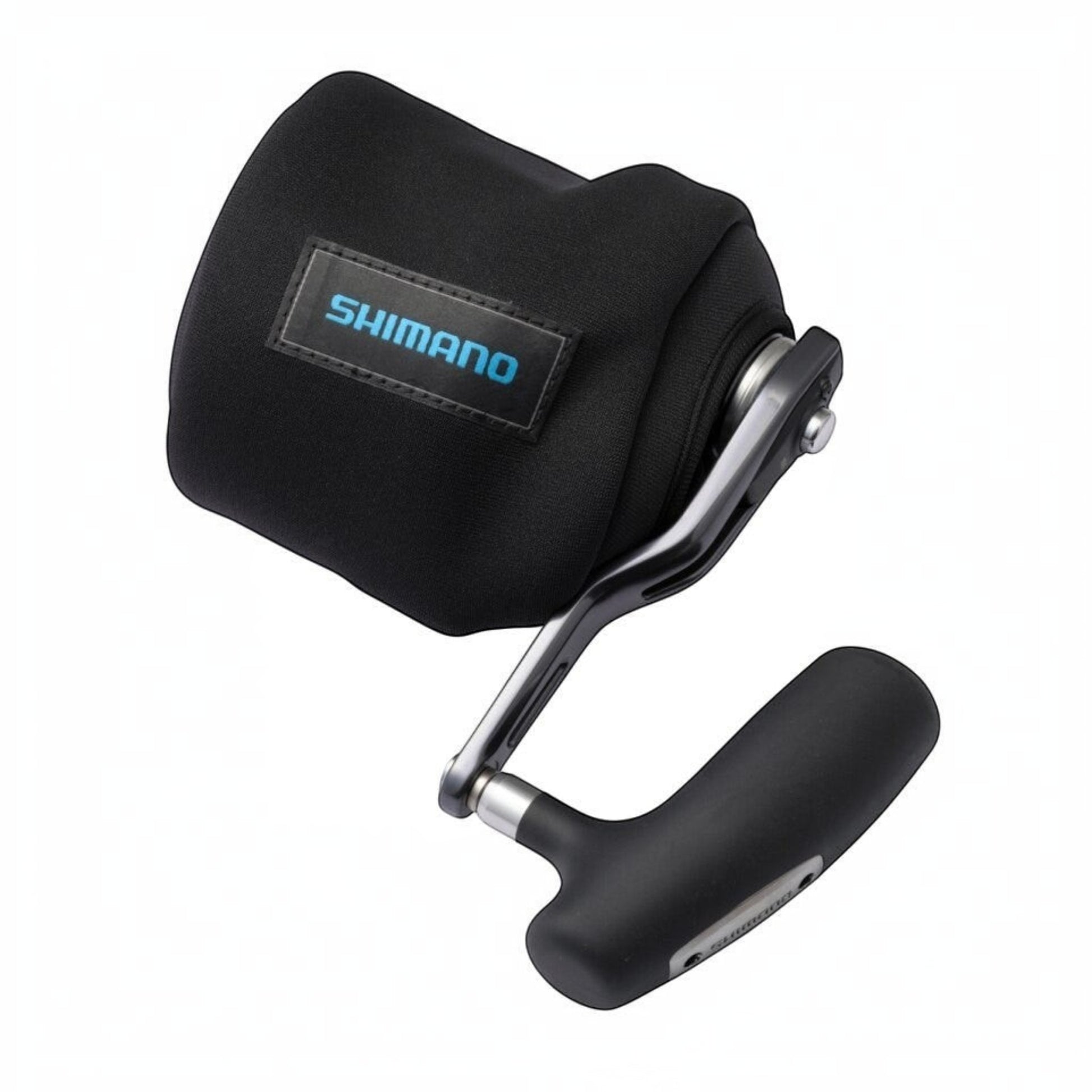 Dogfish Tackle & Marine black neoprene reel cover with Shimano logo, fits baitcast, round, medium, large, and X-large reels.
