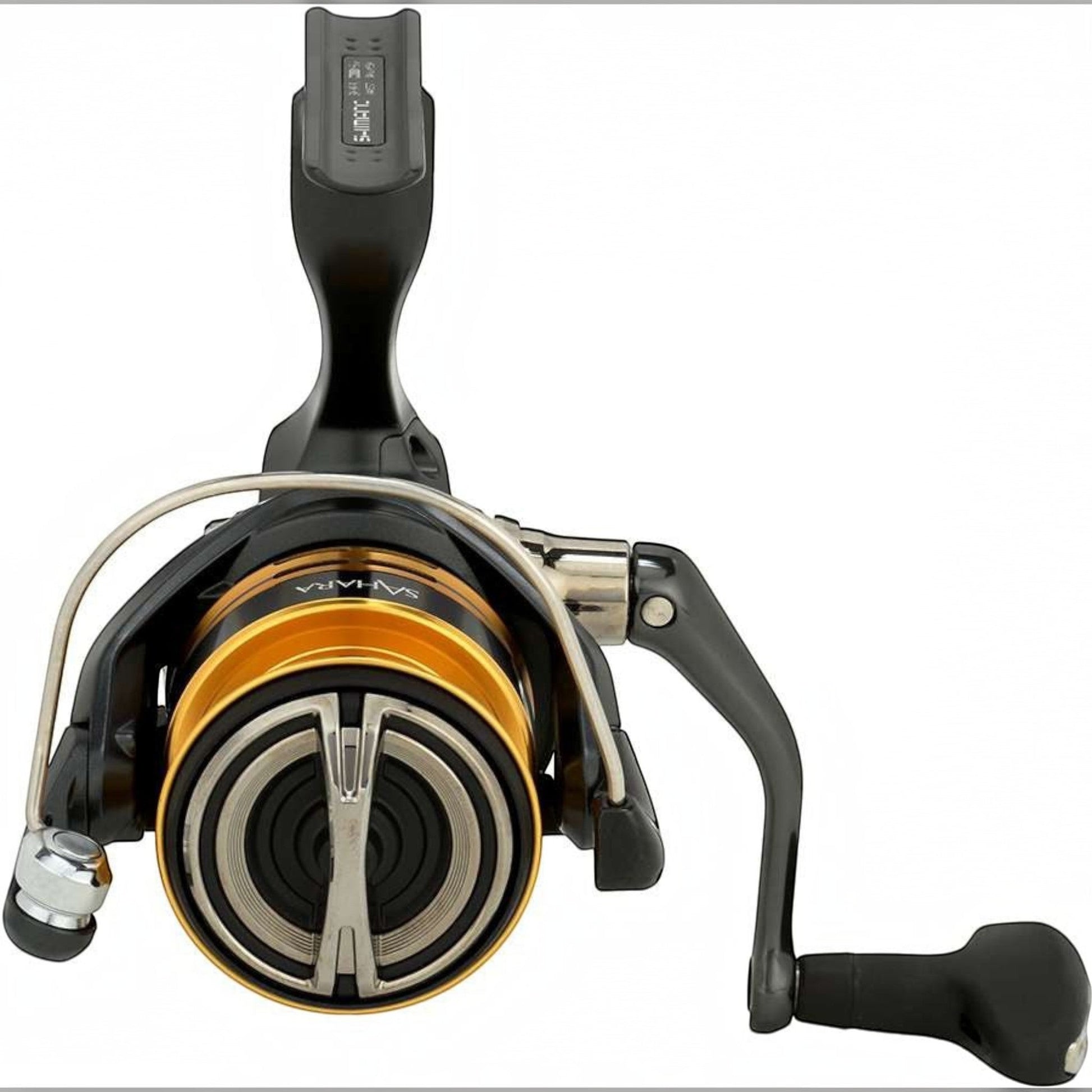 Dogfish Tackle & Marine Shimano Sahara FJ spinning reel with black and gold spool, silver bail wire, and black handle.