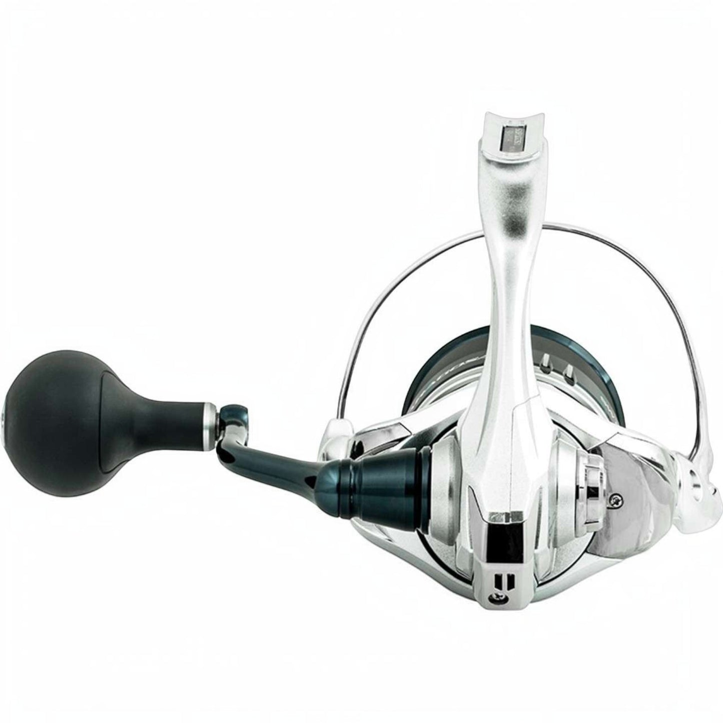 Dogfish Tackle & Marine Shimano Saragosa SW saltwater spinning reel in silver with black handle and reel seat.