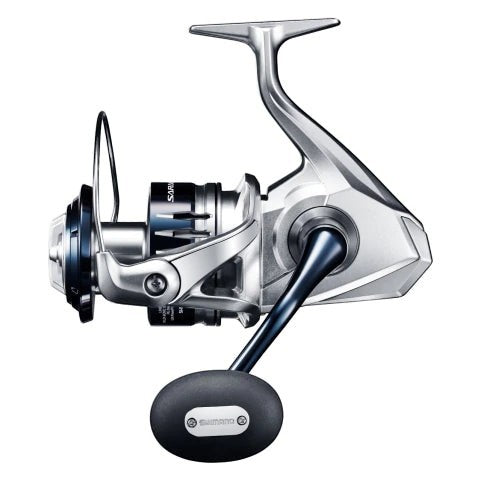 Dogfish Tackle & Marine Shimano Saragosa SW spinning reel in silver with blue accents and black handle.