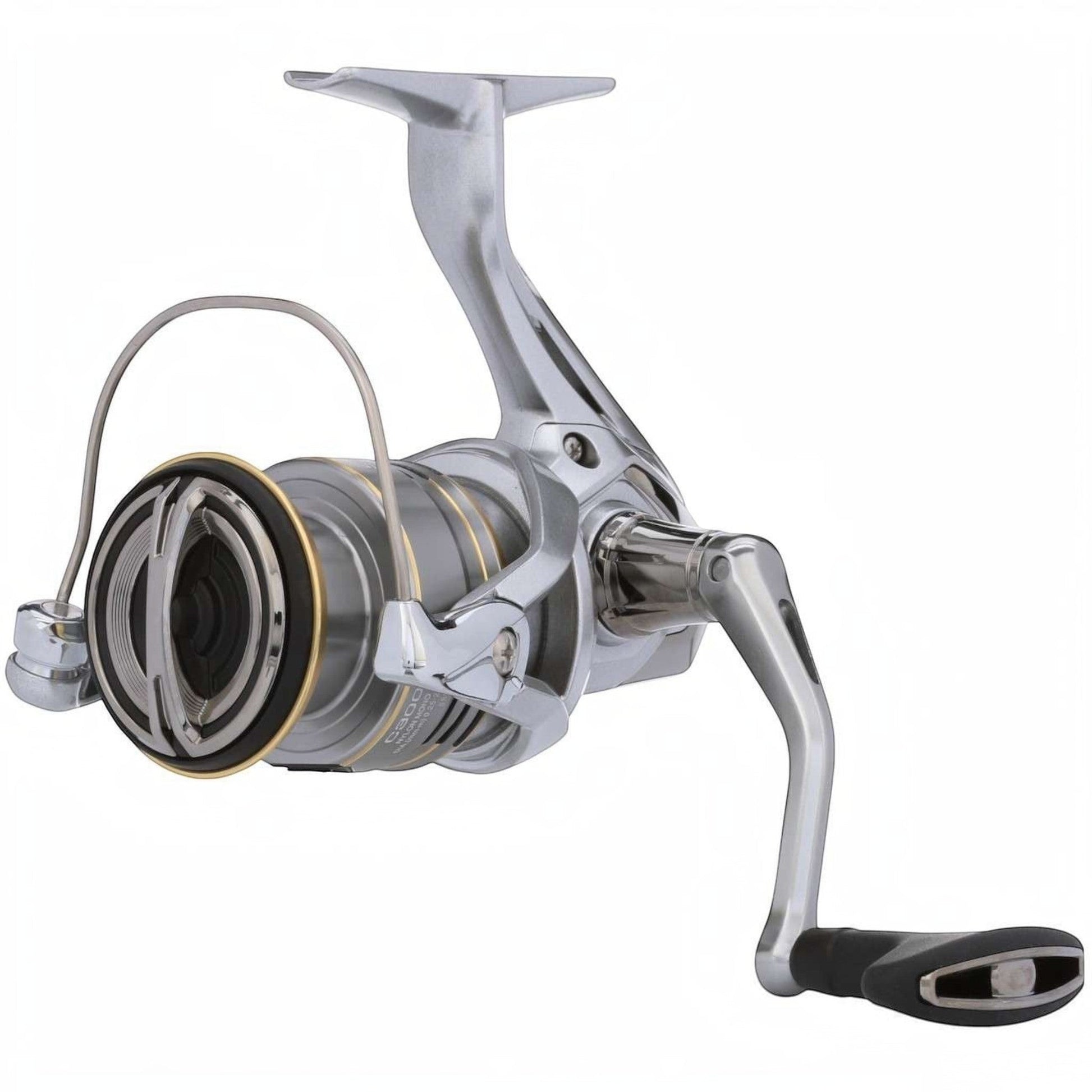 Dogfish Tackle & Marine Shimano Sedona FJ spinning reel, silver and gold with black handle. Features HAGANE Gear and SilentDrive.