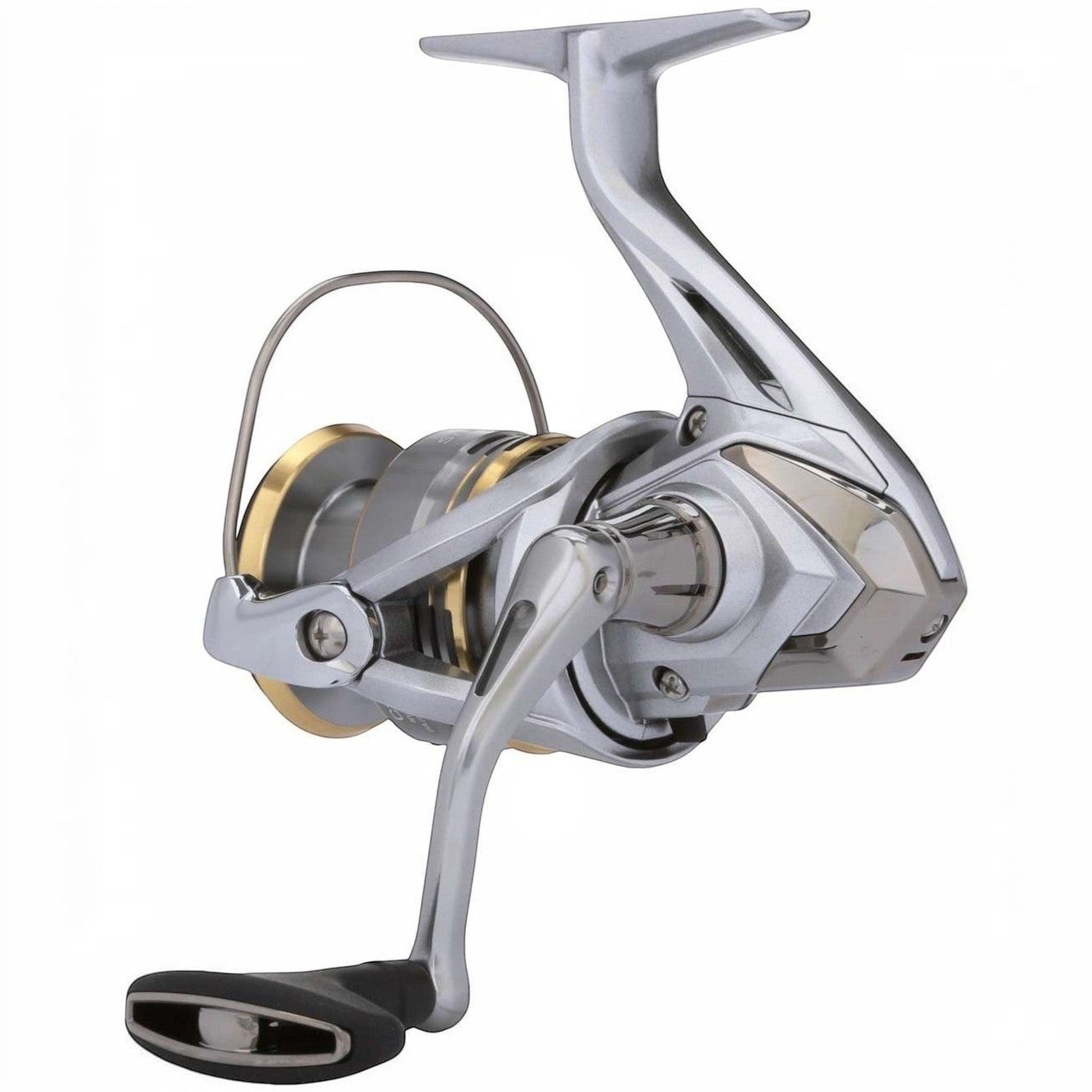 Shimano Sedona FJ spinning reel in silver and gold, featuring HAGANE Gear and SilentDrive technology for smooth performance.