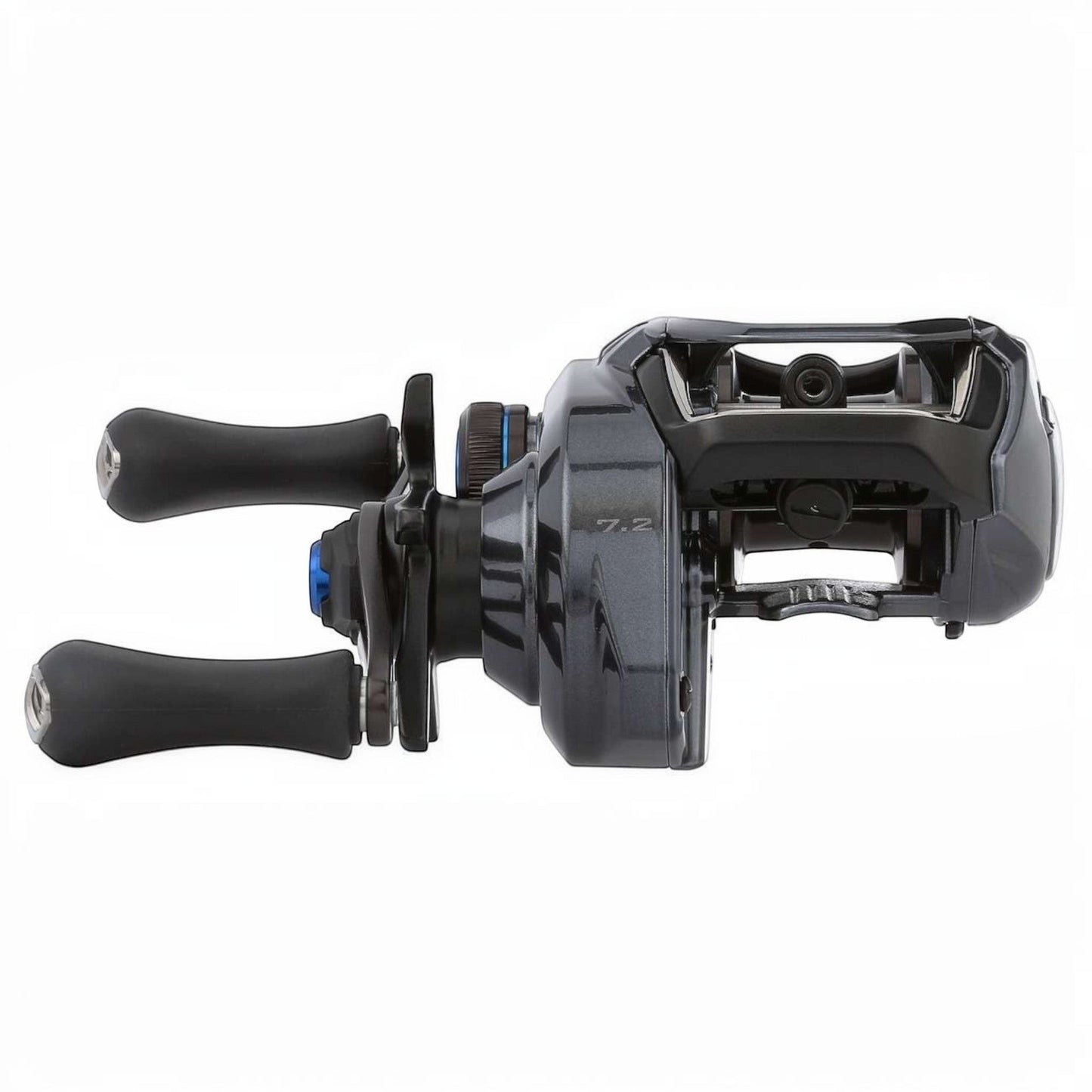 Dogfish Tackle & Marine Shimano SLX 70 A casting reel in dark grey with black handles and blue accents. Features 7.2:1 gear ratio.