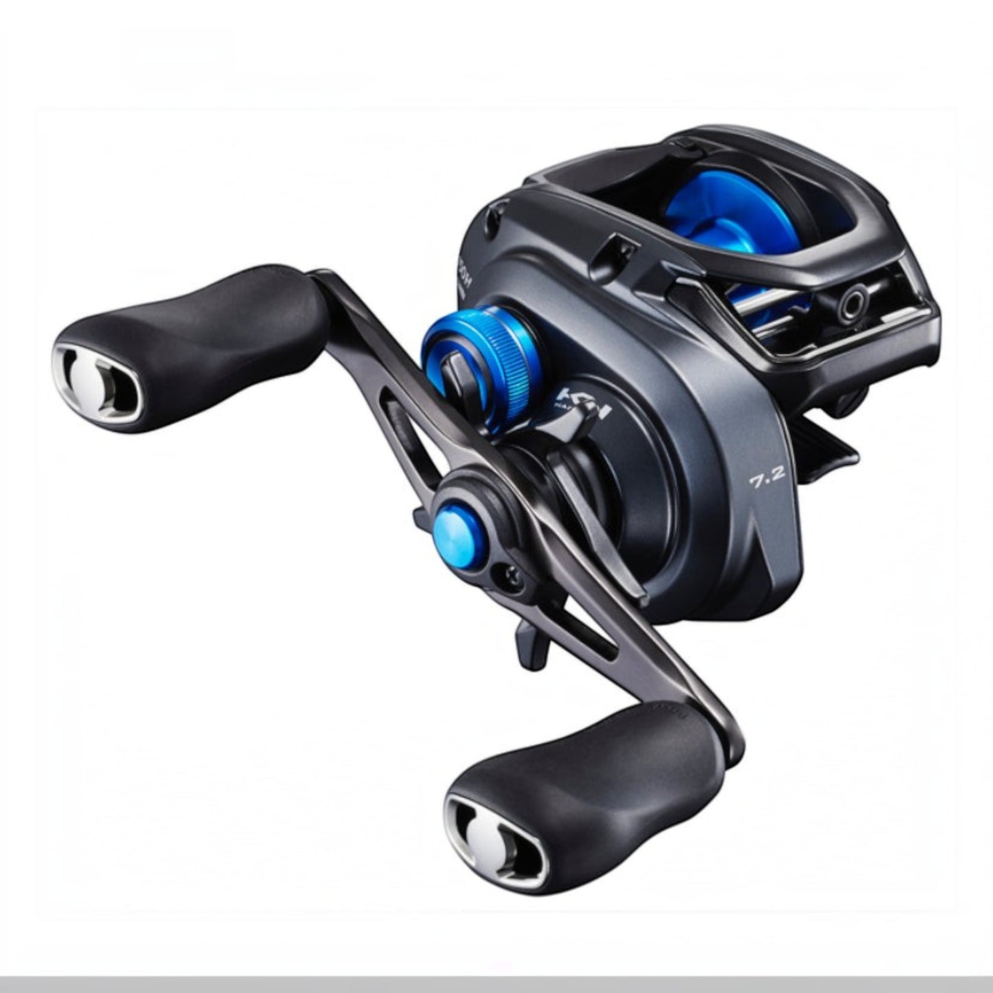 Shimano SLX Baitcasting Reel with dark gray Hagane body, blue accents, and ergonomic handle. Features 7.2 gear ratio.