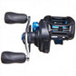 Shimano SLX A 150 baitcasting reel with black body, silver handle, and blue accents. Features 7.2 gear ratio.