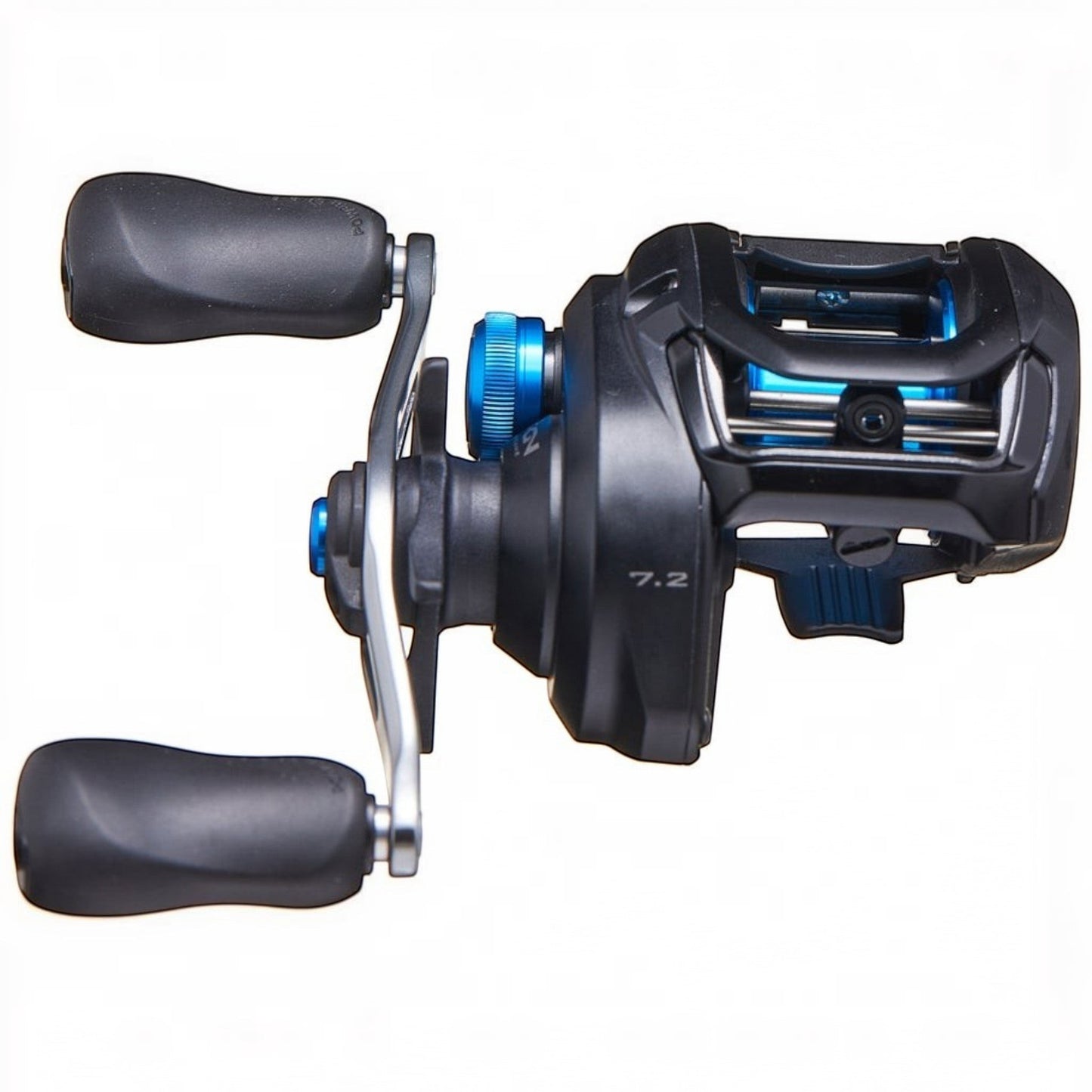Shimano SLX A 150 baitcasting reel with black body, silver handle, and blue accents. Features 7.2 gear ratio.