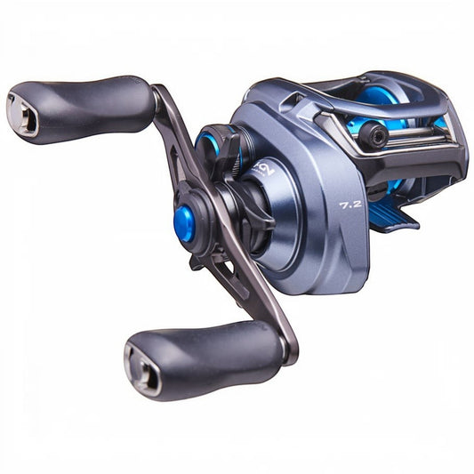 Dogfish Tackle & Marine Shimano SLX A 150 baitcasting reel with HAGANE Body and SVS braking system. Blue accents.
