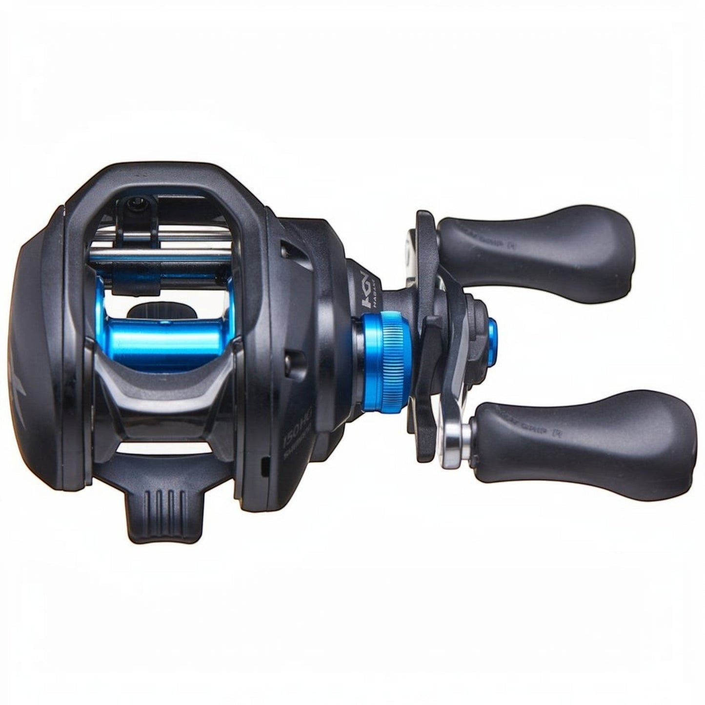 Dogfish Tackle & Marine Shimano SLX A 150 baitcasting reel with black body, blue spool, and black handles.