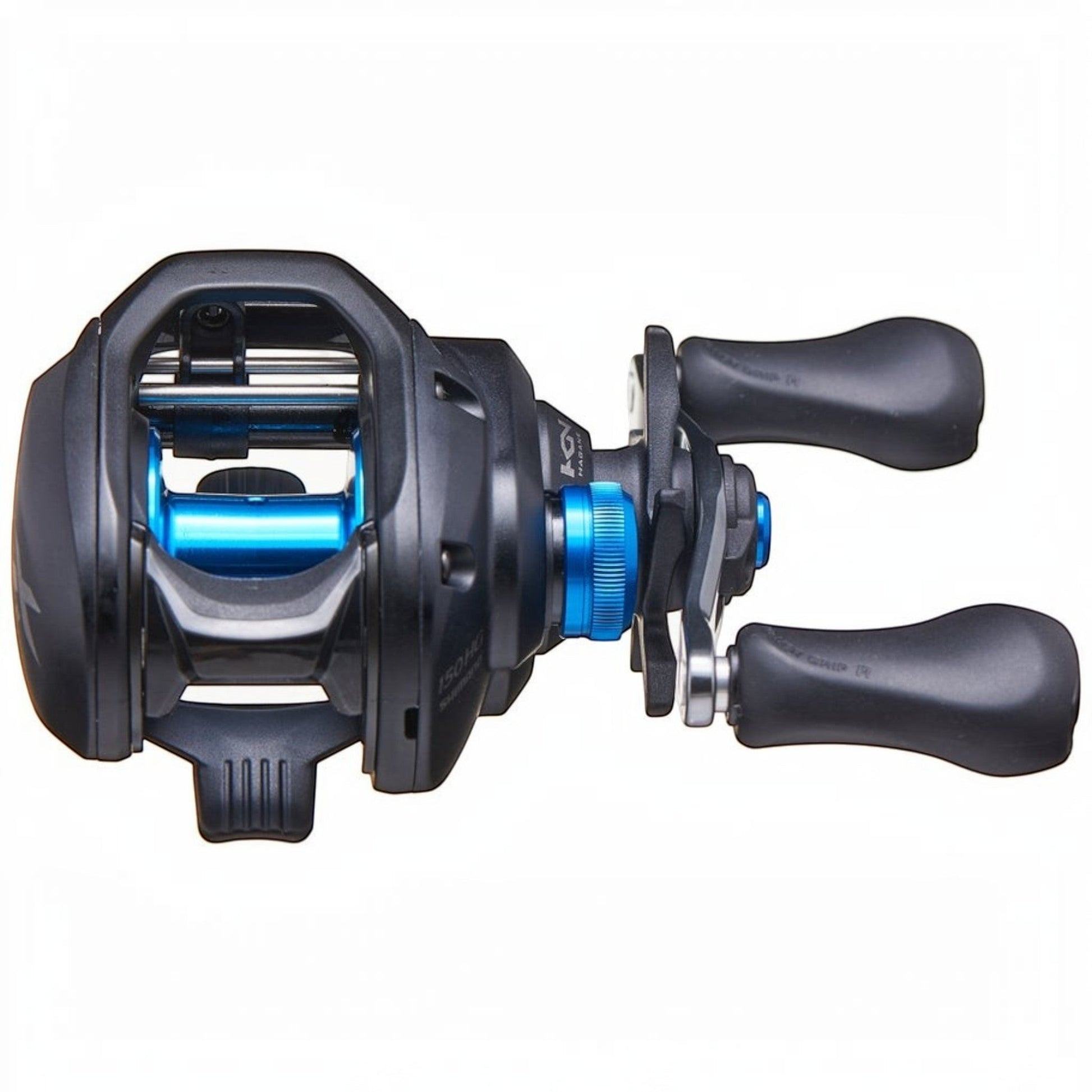 Dogfish Tackle & Marine Shimano SLX A 150 baitcasting reel with black body, blue spool, and black handles.