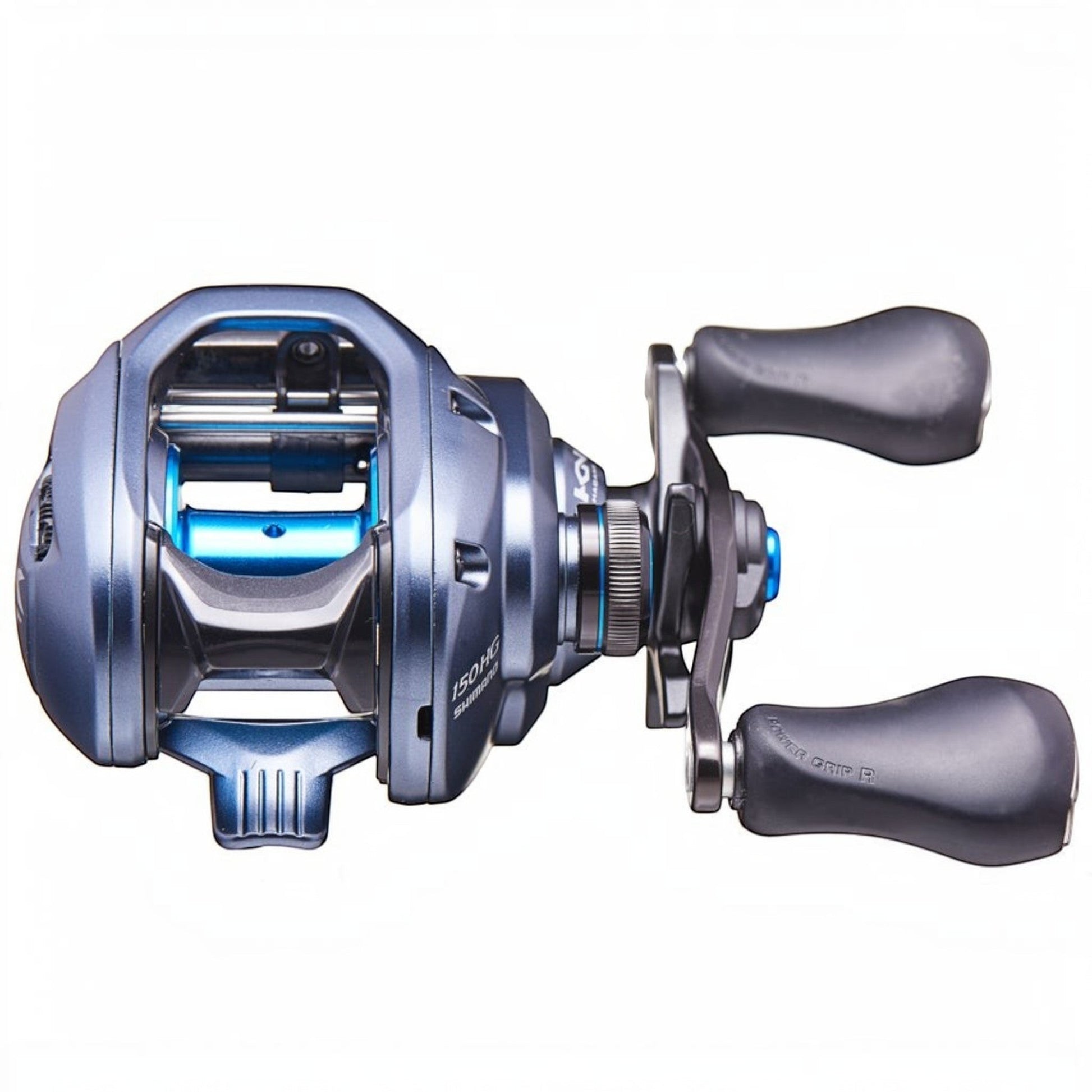 Dogfish Tackle & Marine Shimano SLX A 150 HG baitcasting reel, blue aluminum HAGANE body, SVS braking system, and ergonomic grips.