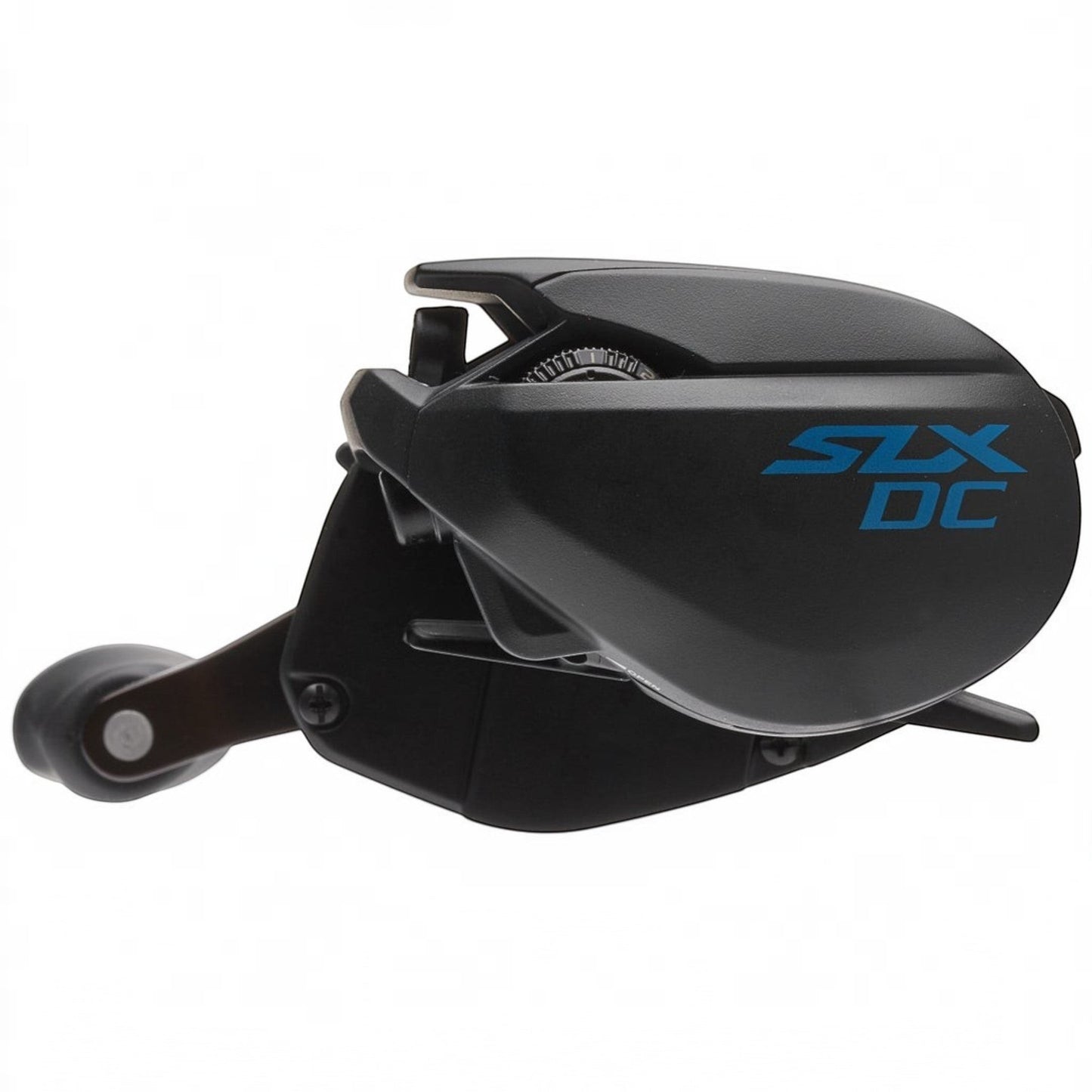 Dogfish Tackle & Marine Shimano SLX DC low profile baitcasting reel, black with blue SLX DC logo, for versatile fishing.