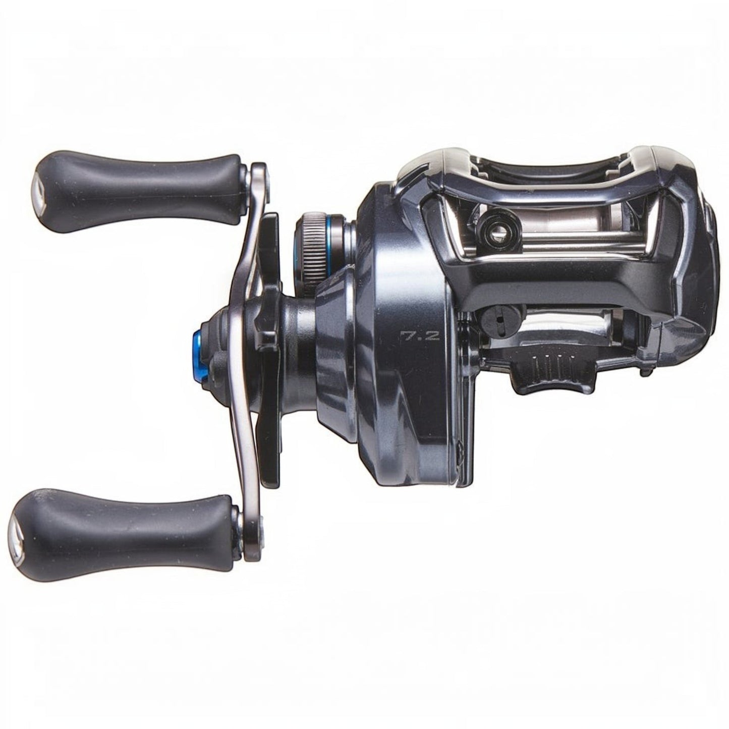 Dogfish Tackle & Marine Shimano SLX MGL 70 baitcasting reel, dark grey with black handle grips and blue accents. Features MGL Spool and HAGANE Body.