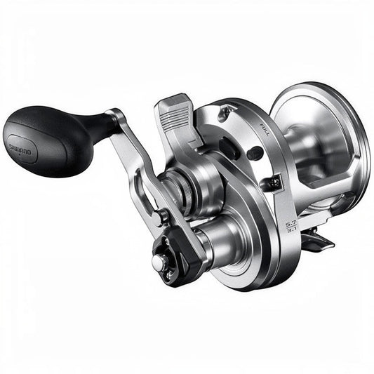 Dogfish Tackle & Marine Shimano Speedmaster II conventional fishing reel, silver with black handle, two-speed lever drag.