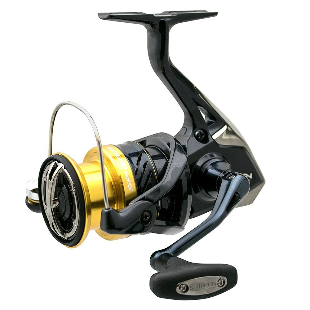 Dogfish Tackle & Marine Shimano Spheros SW spinning reel with gold spool and black body, ideal for saltwater fishing.