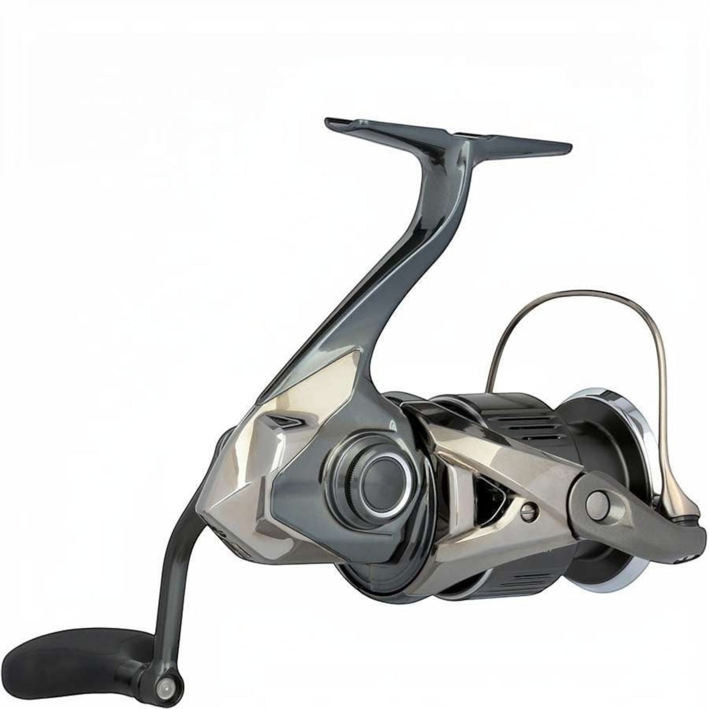 Dogfish Tackle & Marine Shimano Stella FK spinning reel in gunmetal grey and silver with black handle. Advanced fishing gear.