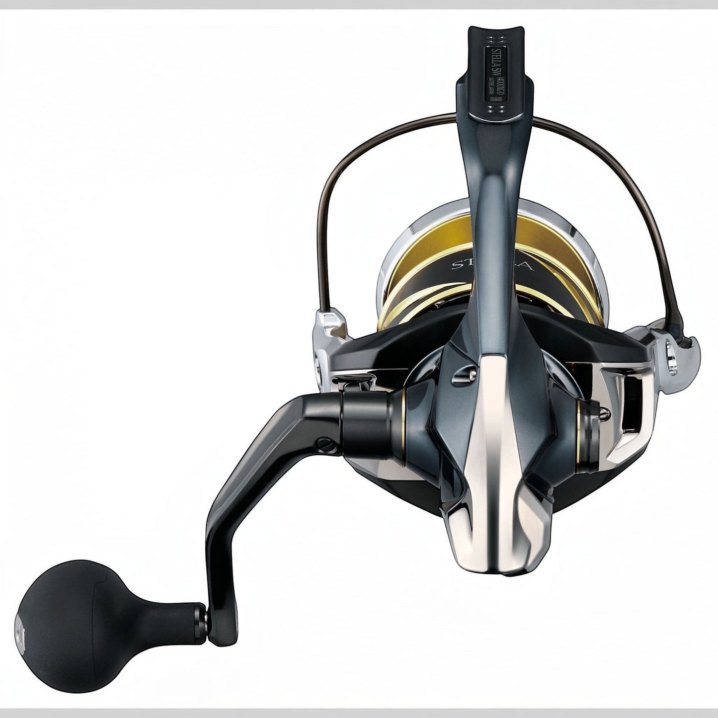 Dogfish Tackle & Marine Shimano 2025 Stella SW D spinning reel in dark gray and silver with gold accents and black handle.