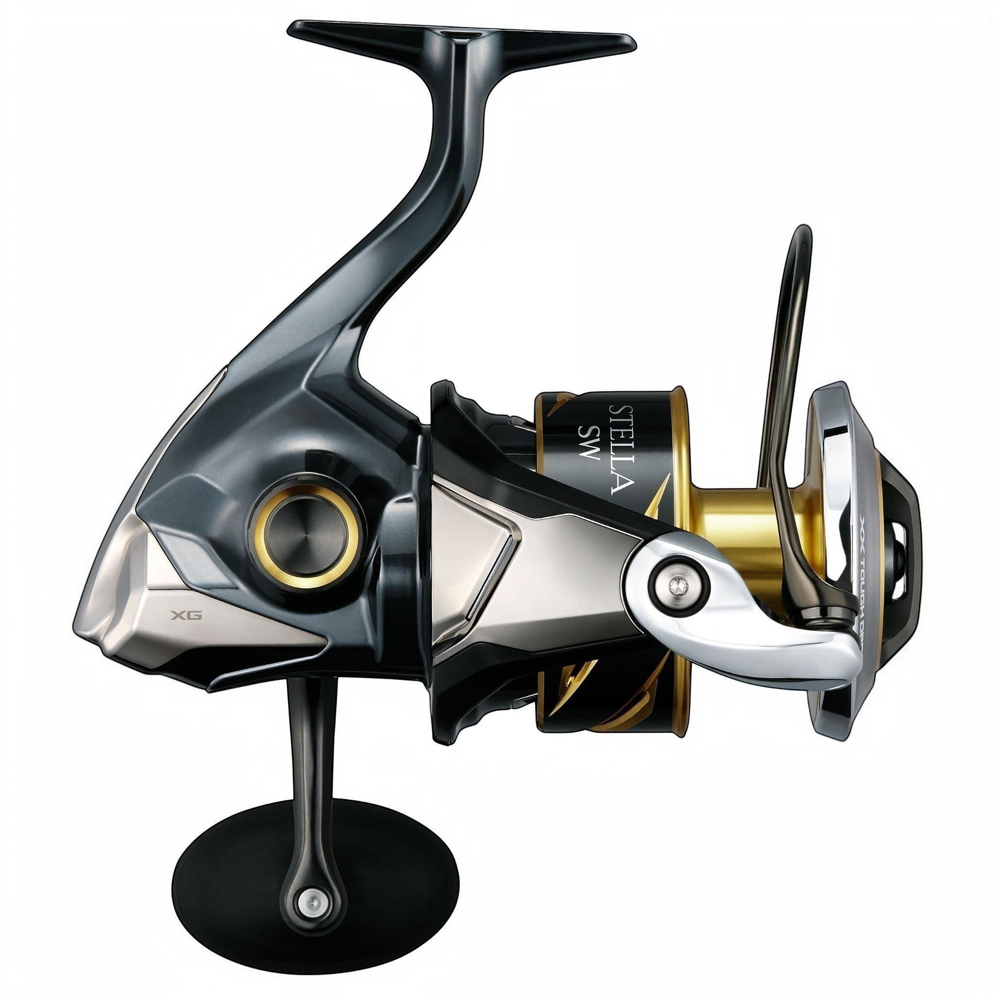 Dogfish Tackle & Marine Shimano 2025 Stella SW D spinning reel with gunmetal grey and gold accents. Features XG and XX Tough Drag.