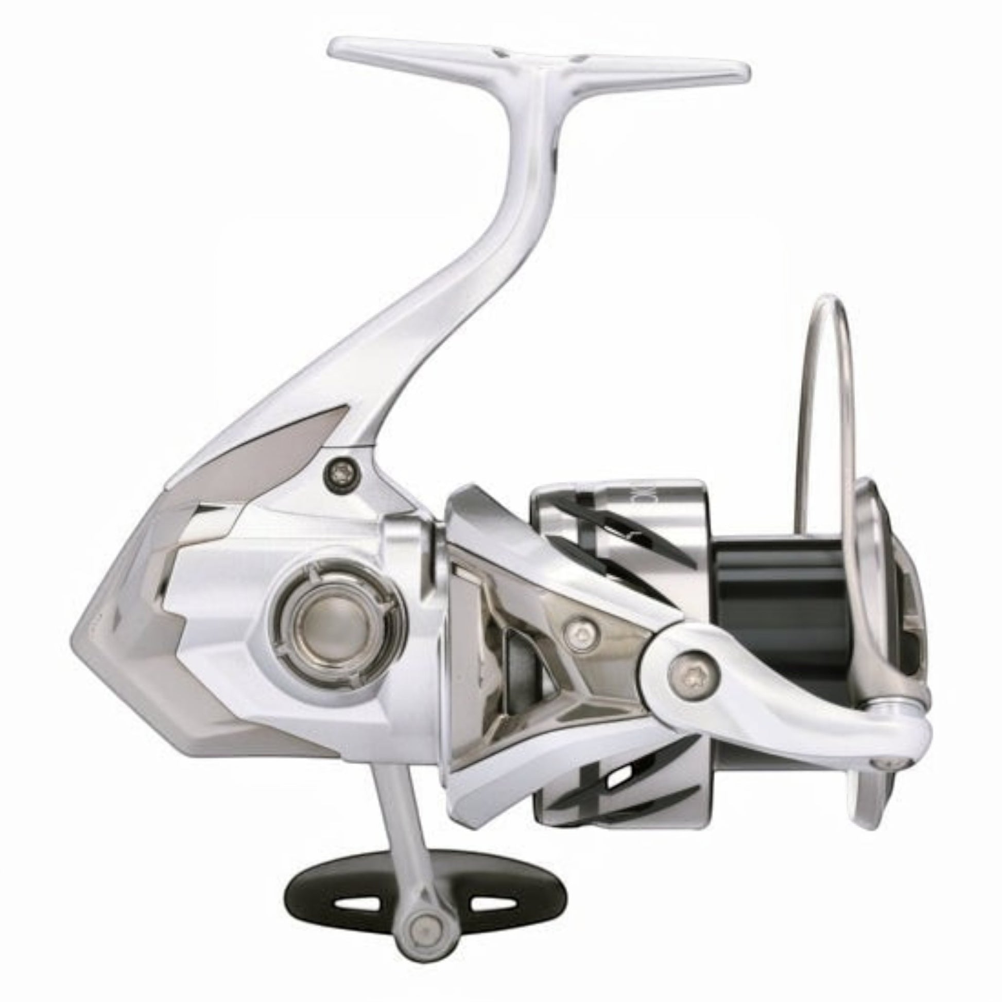 Dogfish Tackle & Marine Shimano Stradic FM spinning reel, silver and black with sleek design. Ideal for freshwater and saltwater fishing.