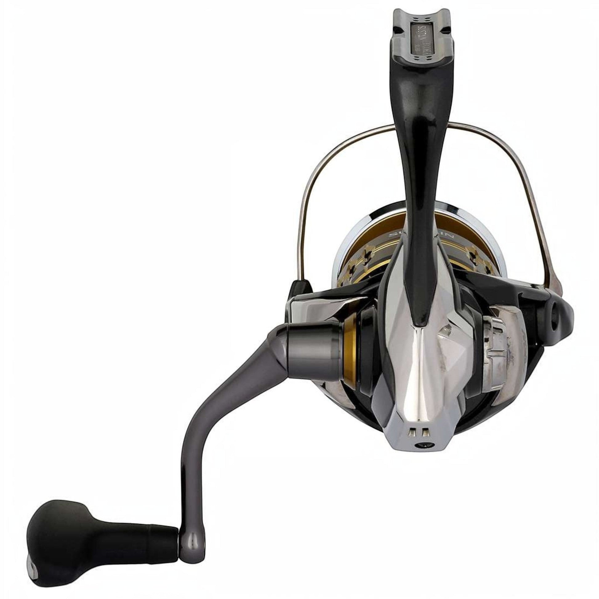 Dogfish Tackle & Marine Shimano Sustain FK spinning reel with black handle and silver body. Features MGL Rotor and Infinity Drive.