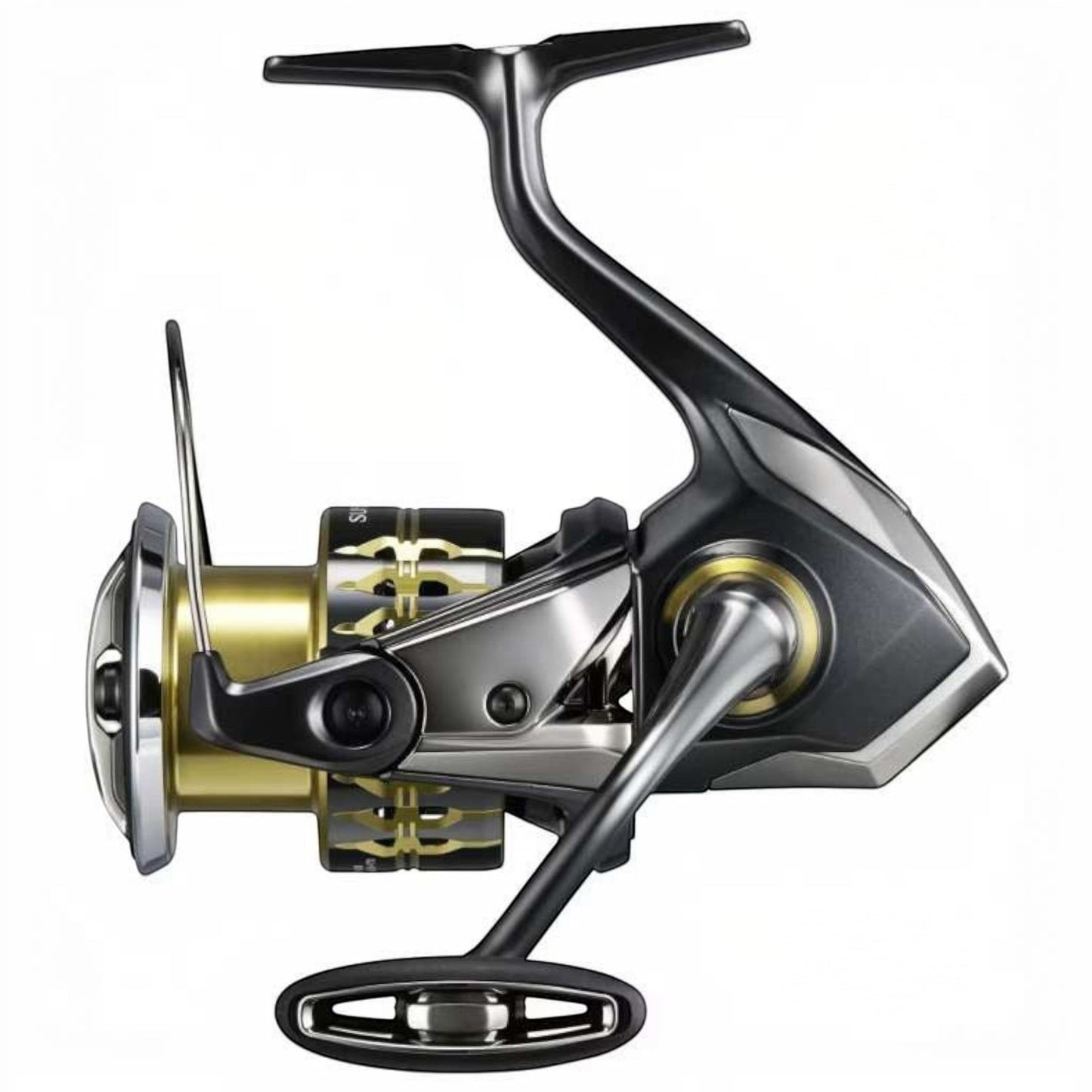 Dogfish Tackle & Marine Shimano Sustain FK spinning reel in gunmetal grey and gold with a silver handle.