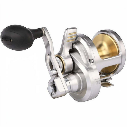 Dogfish Tackle & Marine Shimano Talica A 2-Speed Lever Drag Conventional Fishing Reel, silver and gold.