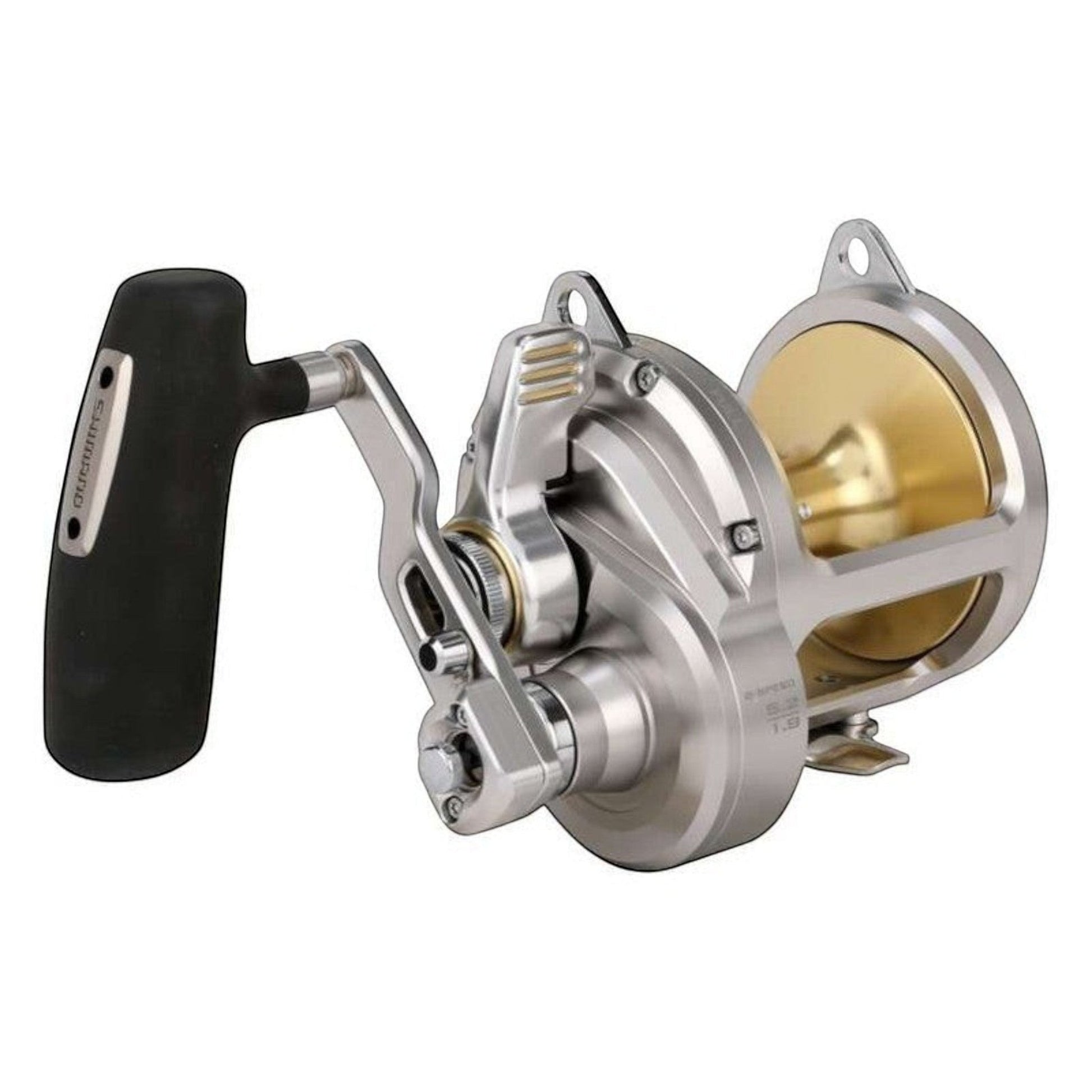 Dogfish Tackle & Marine Shimano Talica A 2-Speed Lever Drag Conventional Fishing Reel, silver aluminum body with gold spool.