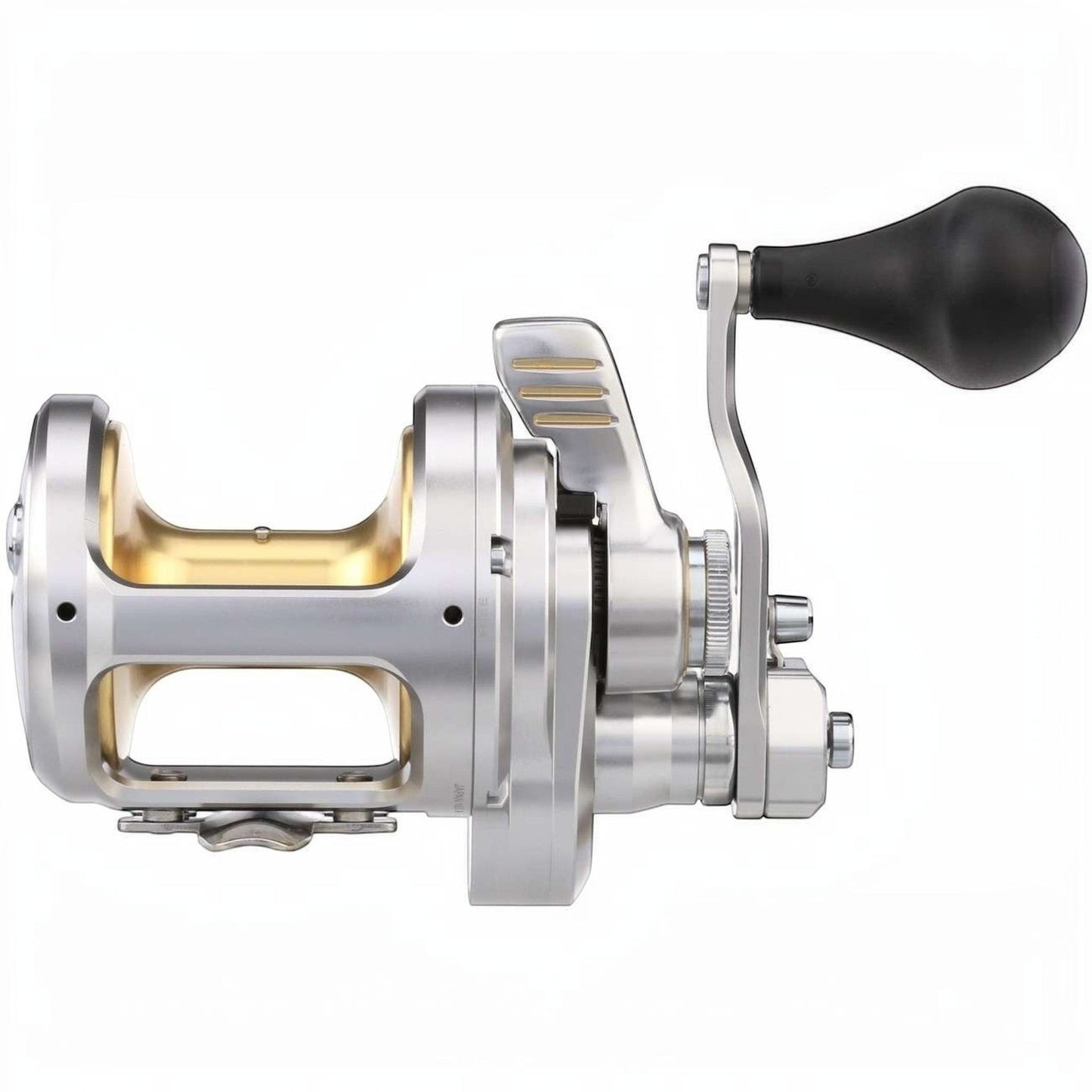 Dogfish Tackle & Marine Shimano Talica A 2-Speed Lever Drag Conventional Fishing Reel, silver aluminum body with gold spool.