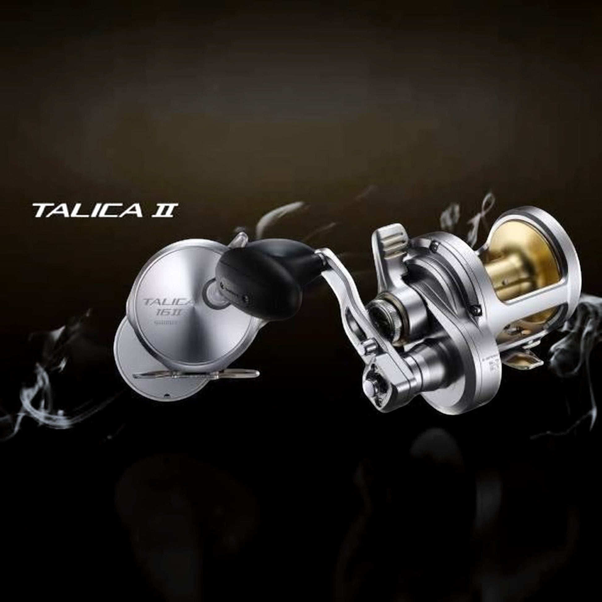 Dogfish Tackle & Marine Shimano Talica A 2-Speed Lever Drag Reel, silver aluminum body, gold spool interior, for offshore fishing.