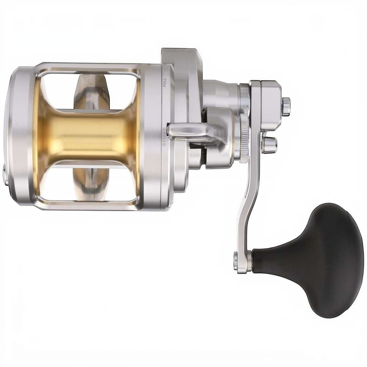 Dogfish Tackle & Marine Shimano Talica A 2-Speed Lever Drag Reel, silver aluminum body with gold spool and black handle.