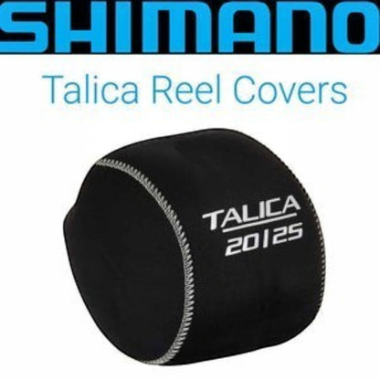 Dogfish Tackle & Marine Shimano Talica 20/25 reel cover, black neoprene with silver Talica logo and stitching.