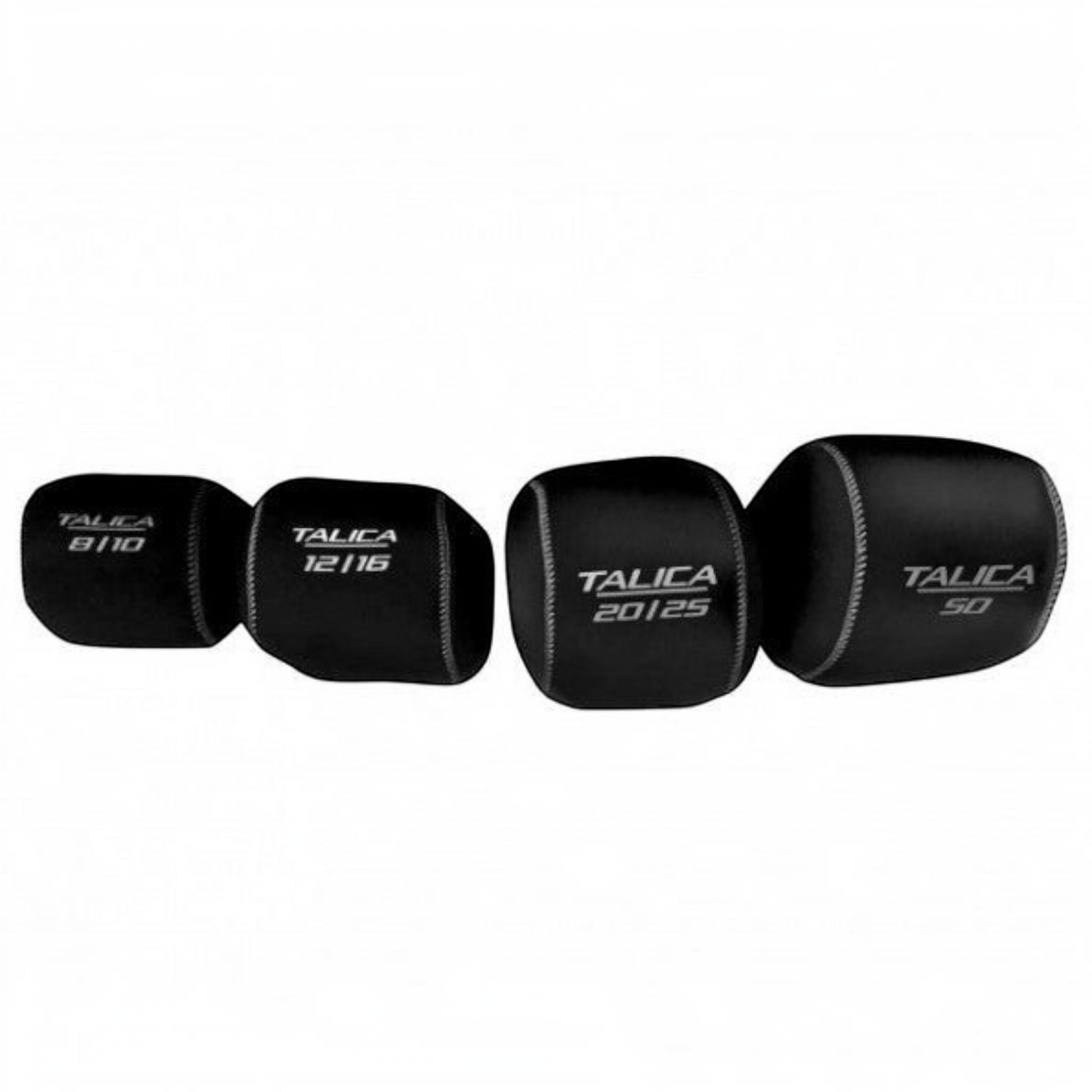 Dogfish Tackle & Marine black neoprene reel covers for Shimano Talica reels, featuring silver Talica logo and model numbers.