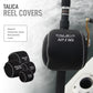 Dogfish Tackle & Marine black neoprene reel covers for Shimano Talica reels, featuring velcro closure and available in 4 sizes.