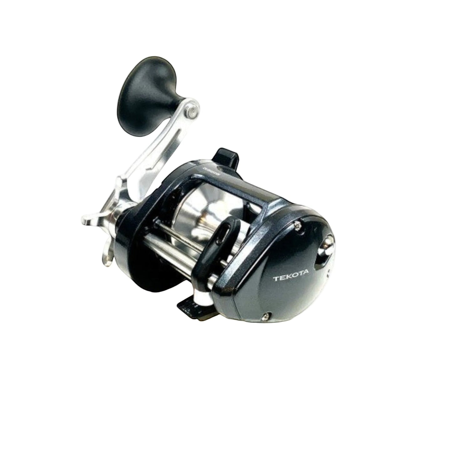Dogfish Tackle & Marine Shimano Tekota level wind star drag conventional fishing reel, black aluminum body, silver handle.