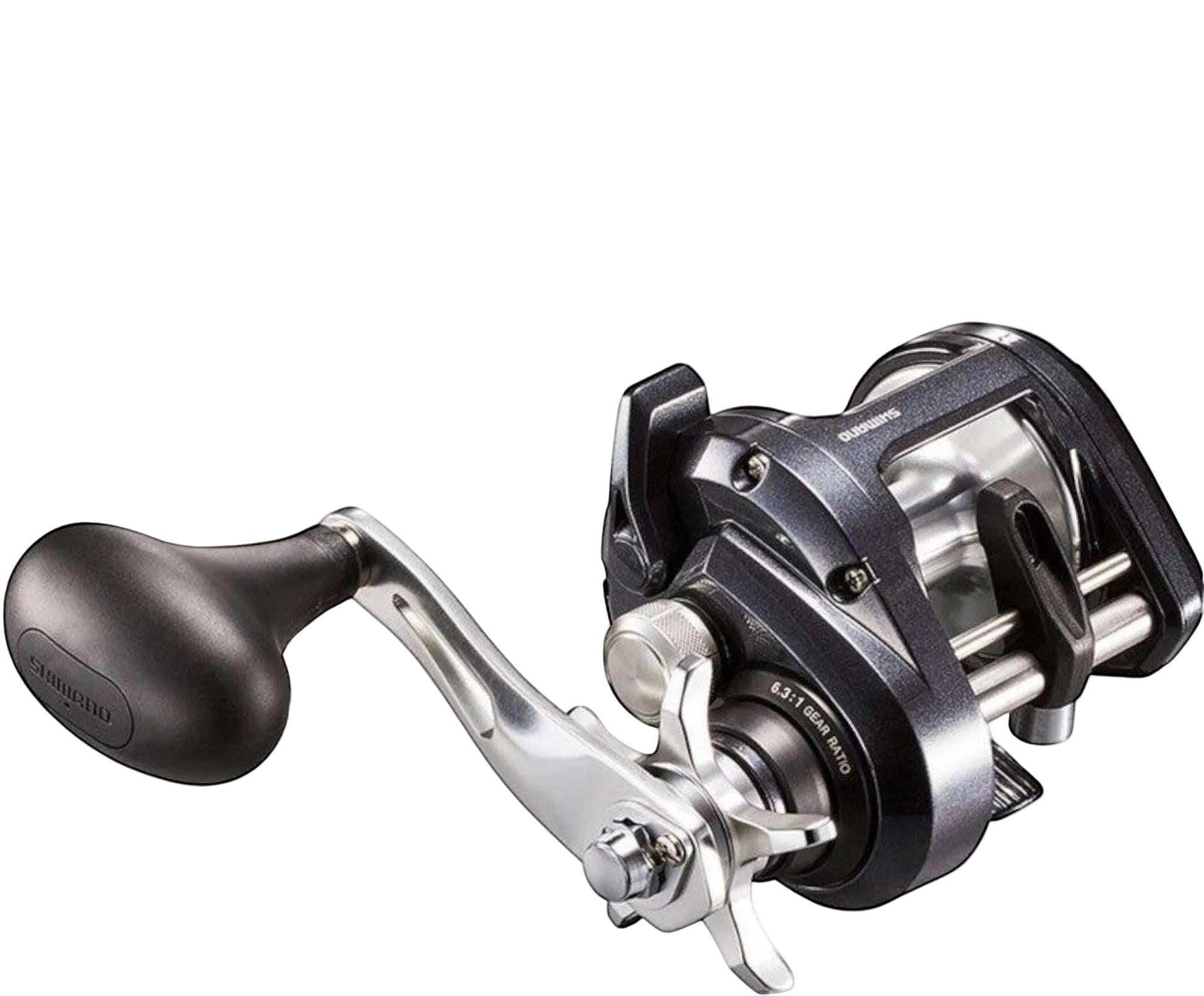 Dogfish Tackle & Marine Shimano Tekota Level Wind conventional fishing reel with star drag and silver handle. Dark grey.
