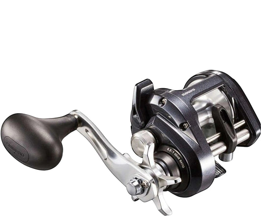 Dogfish Tackle & Marine Shimano Tekota Level Wind conventional fishing reel with star drag and silver handle. Dark grey.