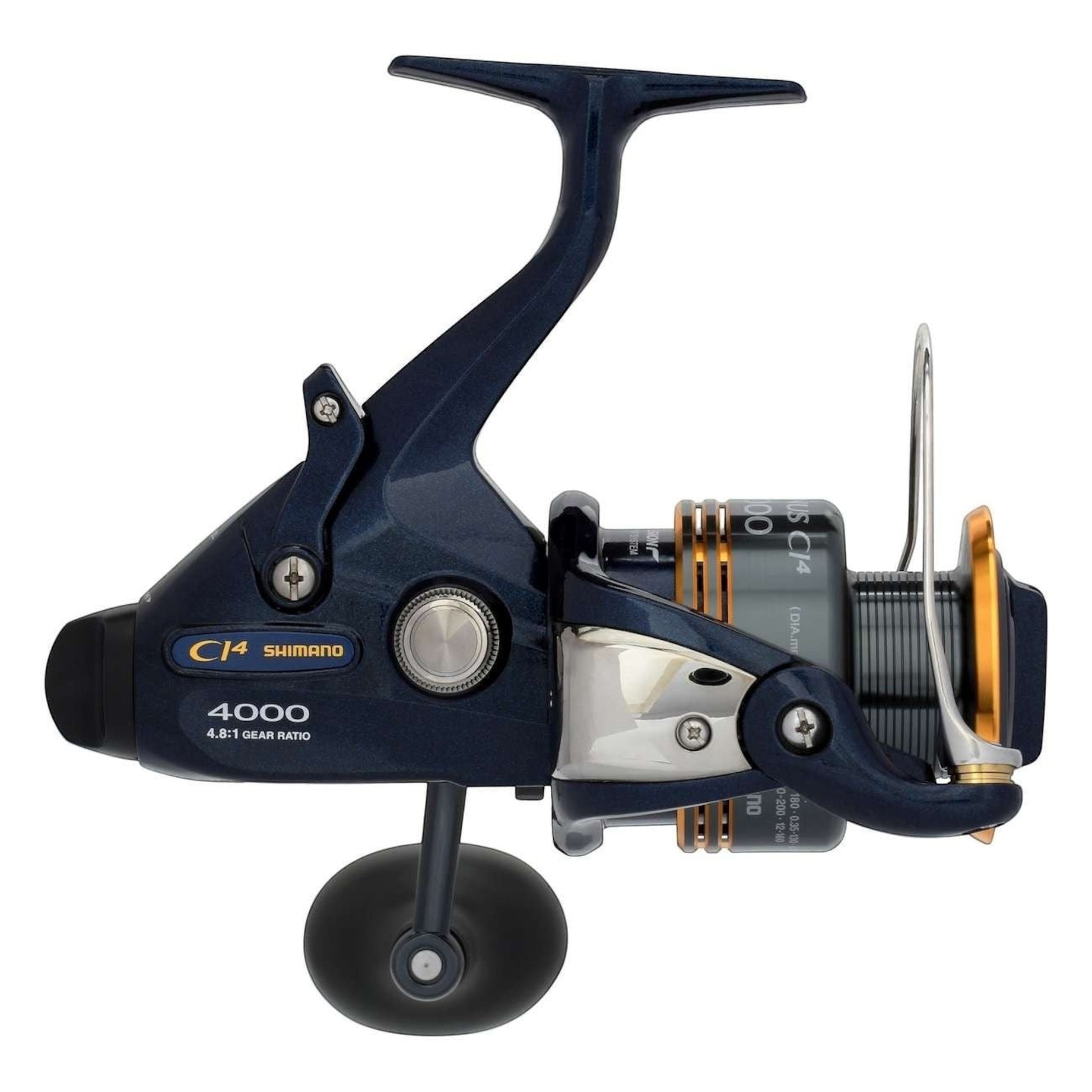 Dogfish Tackle & Marine Shimano Thunnus CI4 4000 spinning reel, dark blue with gold accents, 4.8:1 gear ratio.
