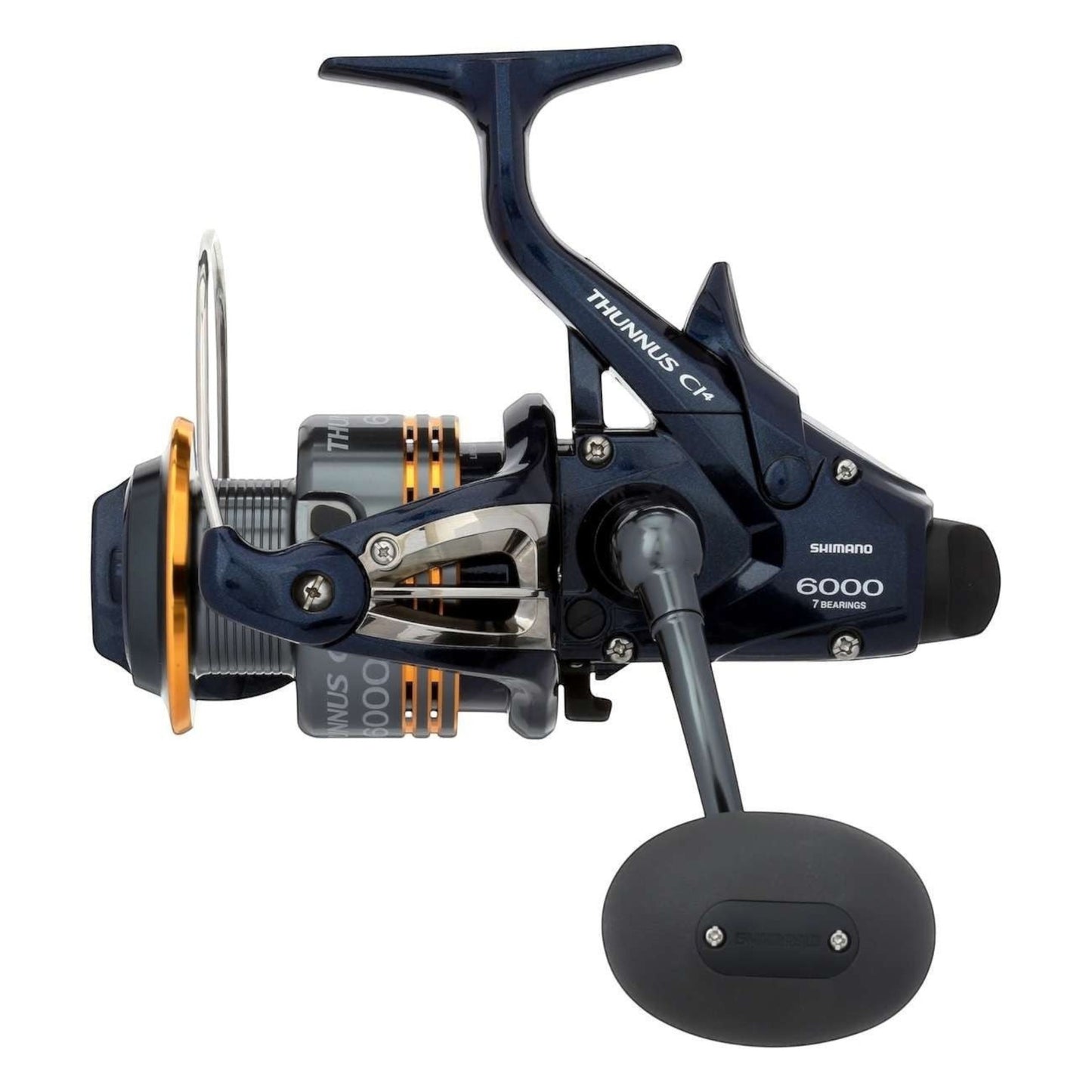 Dogfish Tackle & Marine Shimano Thunnus CI4 6000 spinning reel in dark blue with orange accents and a large black handle.