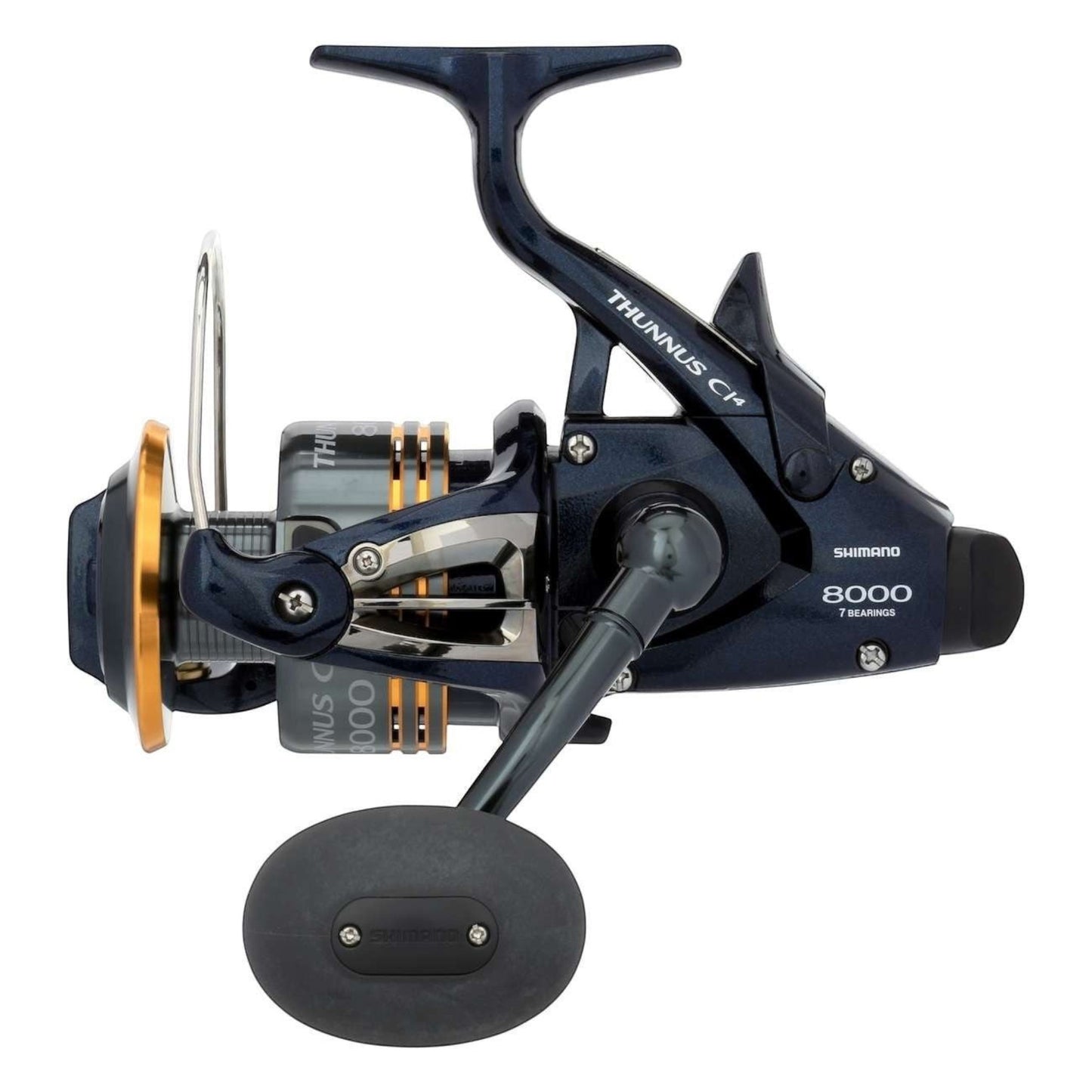 Dogfish Tackle & Marine Shimano Thunnus CI4 8000 spinning reel, dark blue with gold accents, 7 bearings, lightweight CI4 carbon construction.