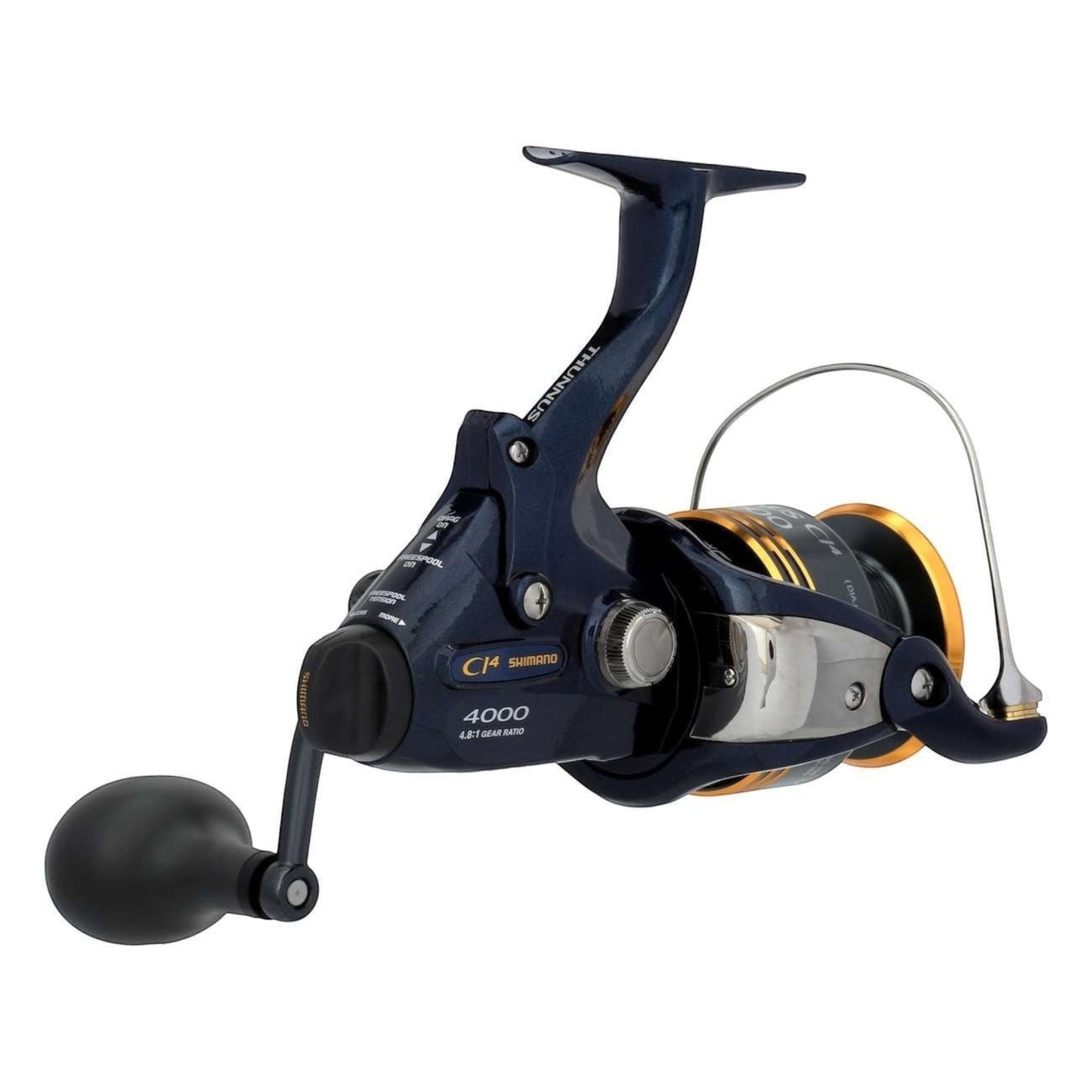 Dogfish Tackle & Marine Shimano Thunnus CI4 4000 spinning reel in dark blue with gold accents and a black handle.