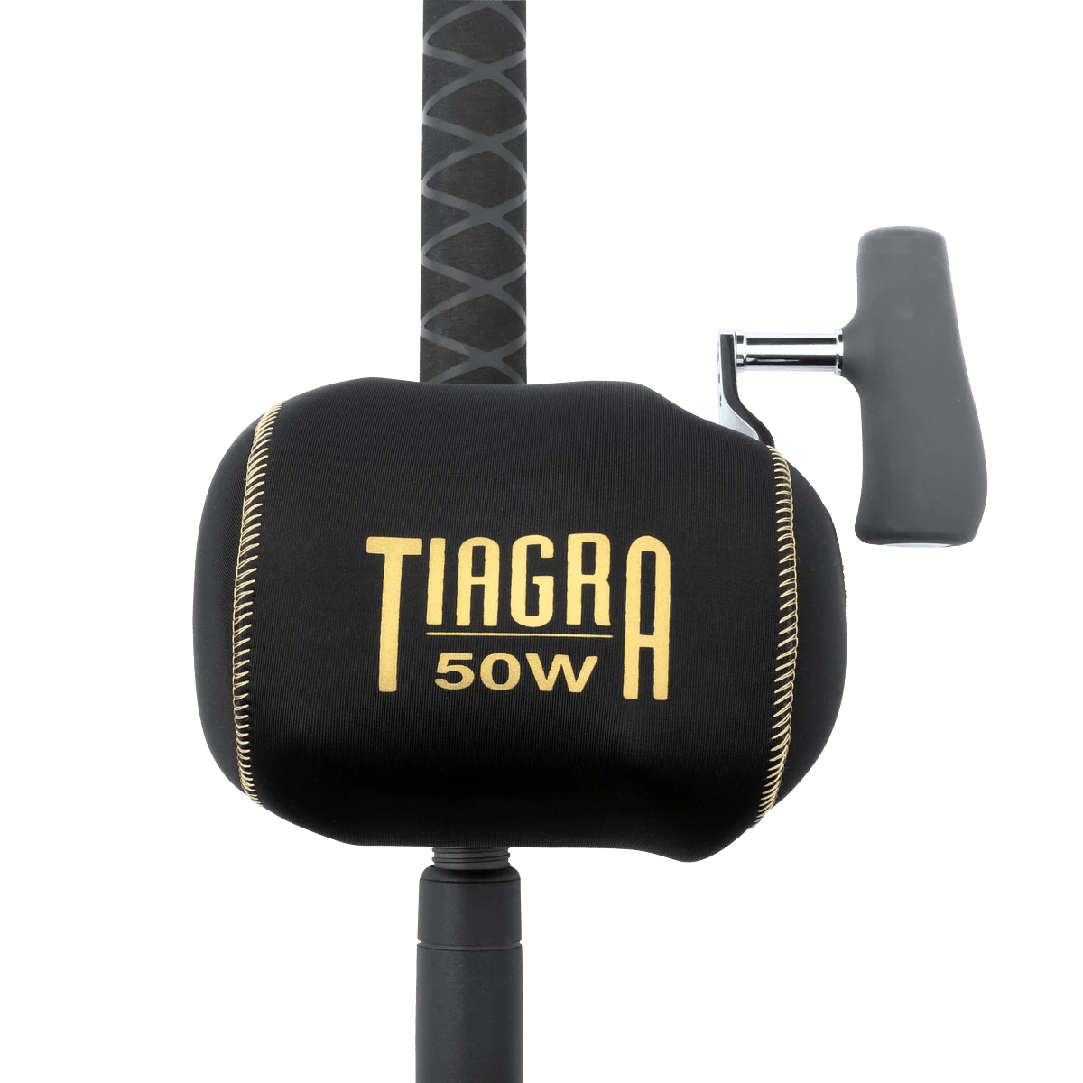 Dogfish Tackle & Marine Shimano Tiagra 50W reel cover made of black neoprene with gold logo and stitching.