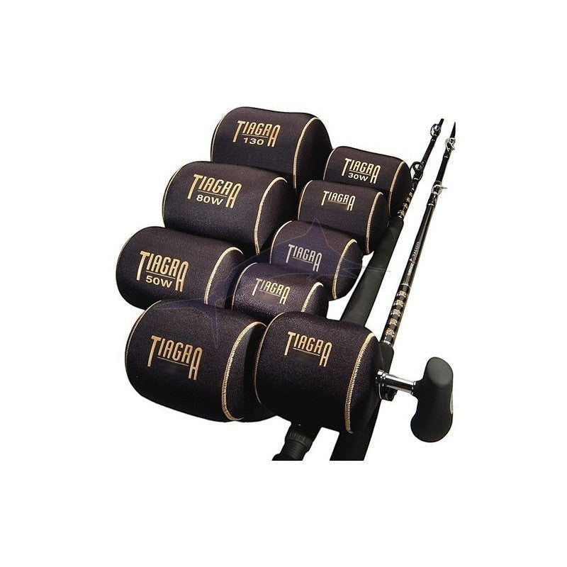 Dogfish Tackle & Marine Shimano Tiagra reel covers in black neoprene with gold logo and stitching. Multiple sizes shown.