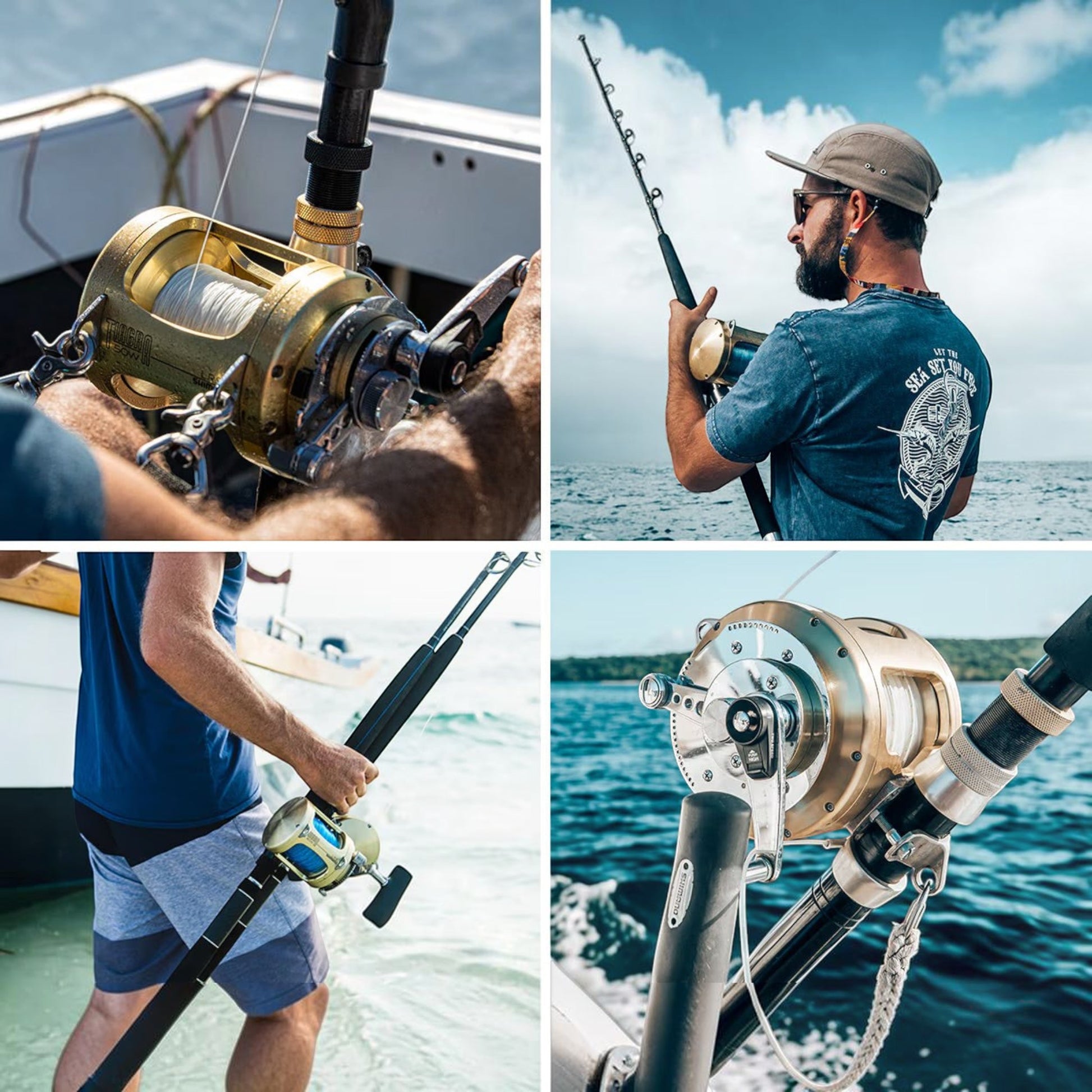 Dogfish Tackle & Marine Shimano Tiagra 2-speed lever drag trolling reel, gold aluminum, used for big game fishing.