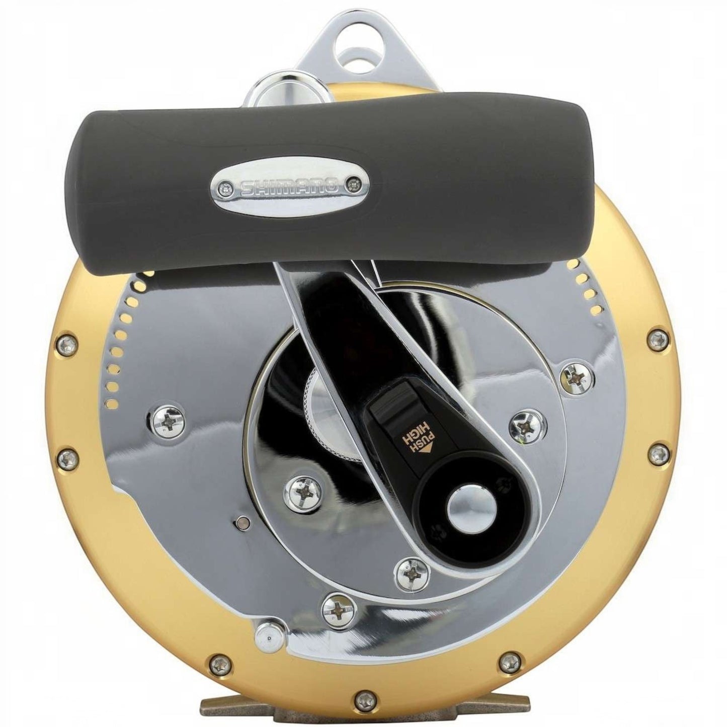 Dogfish Tackle & Marine Shimano Tiagra 2-speed lever drag trolling reel with gold frame and chrome accents.
